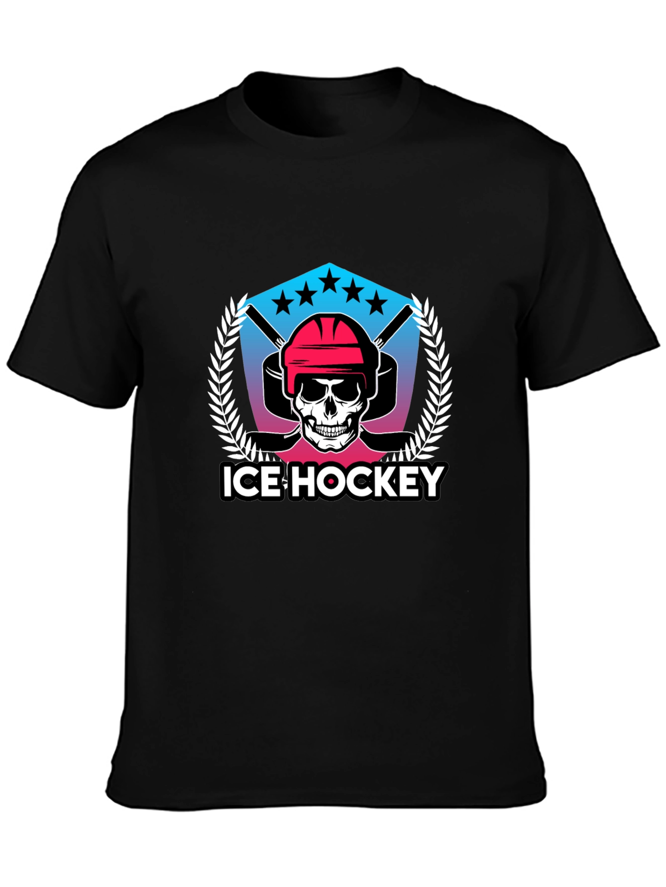 Ice Hockey Skull Graphic Black T-Shirt