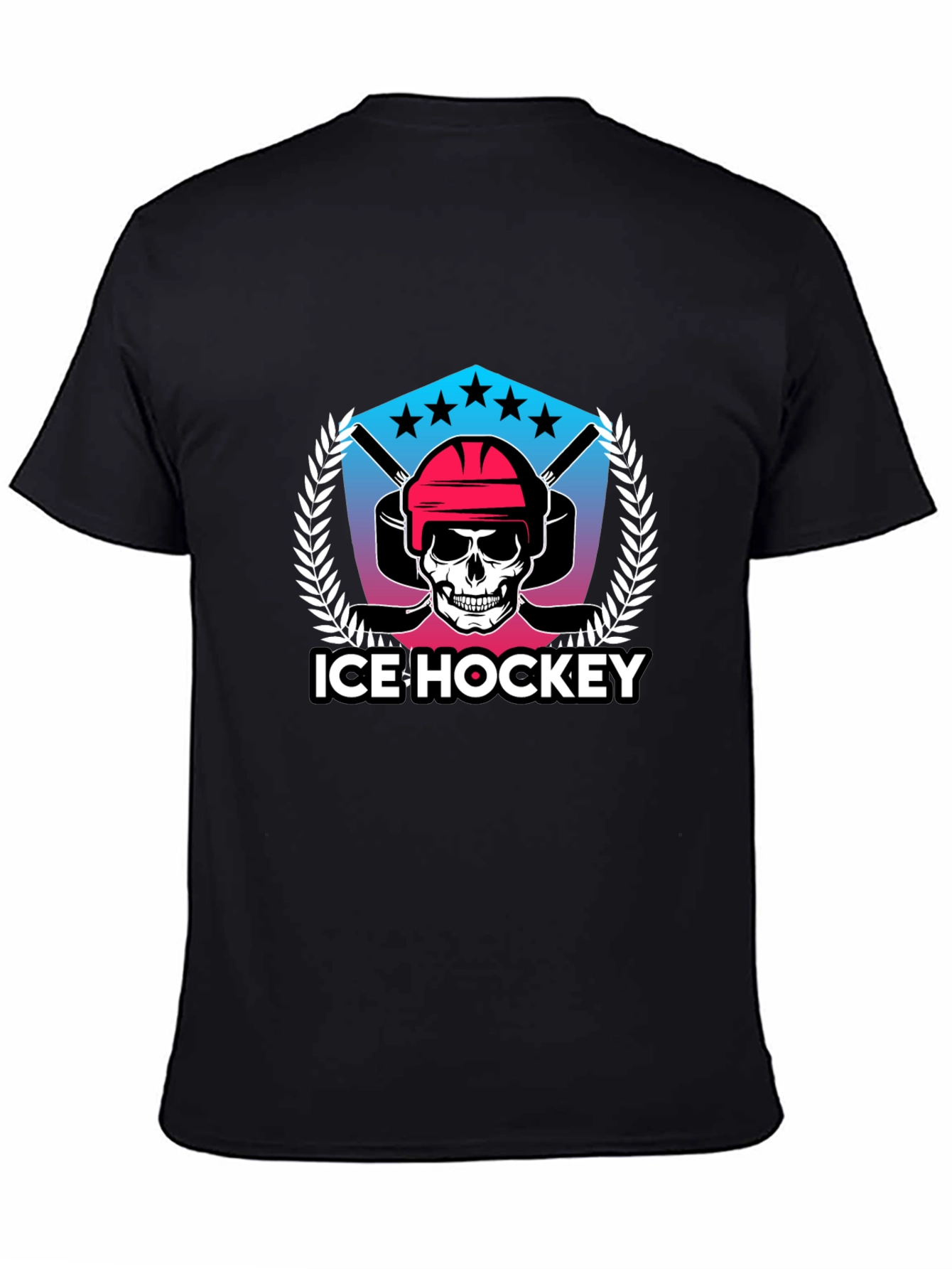 Ice Hockey Skull Graphic Black T-Shirt