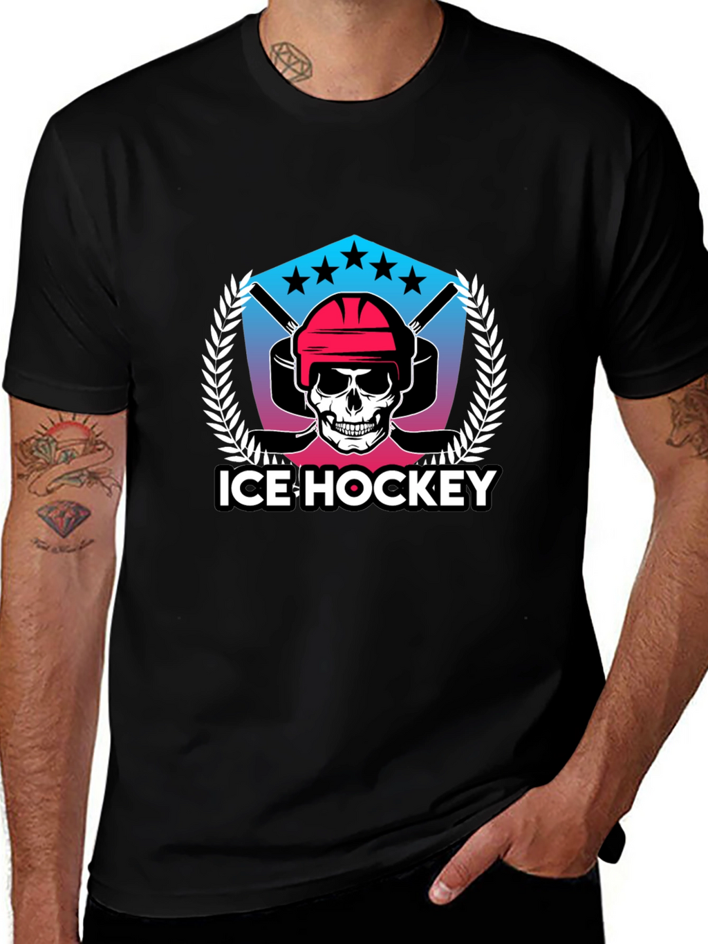 Ice Hockey Skull Graphic Black T-Shirt