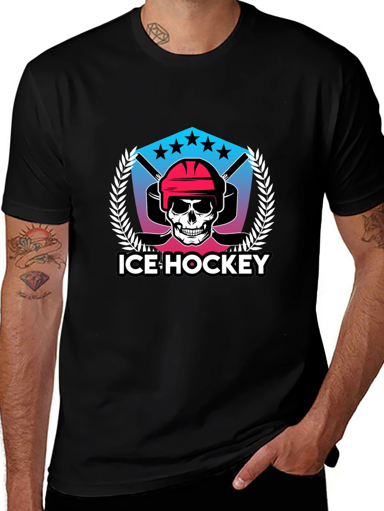 Ice Hockey Skull Graphic Black T-Shirt