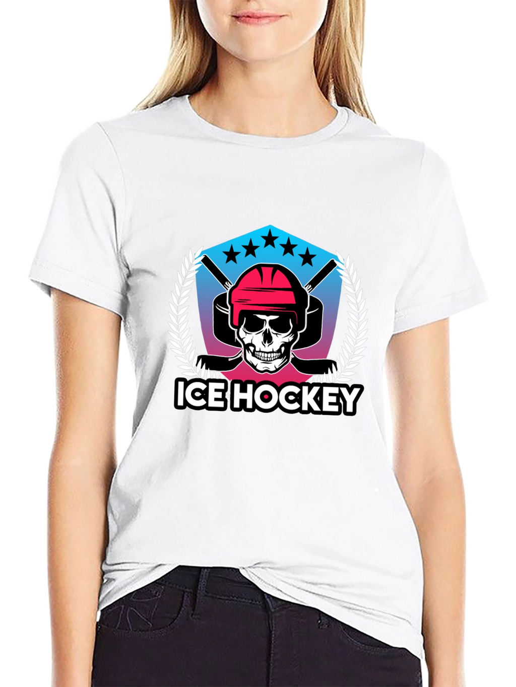 Ice Hockey Skull Graphic Black T-Shirt