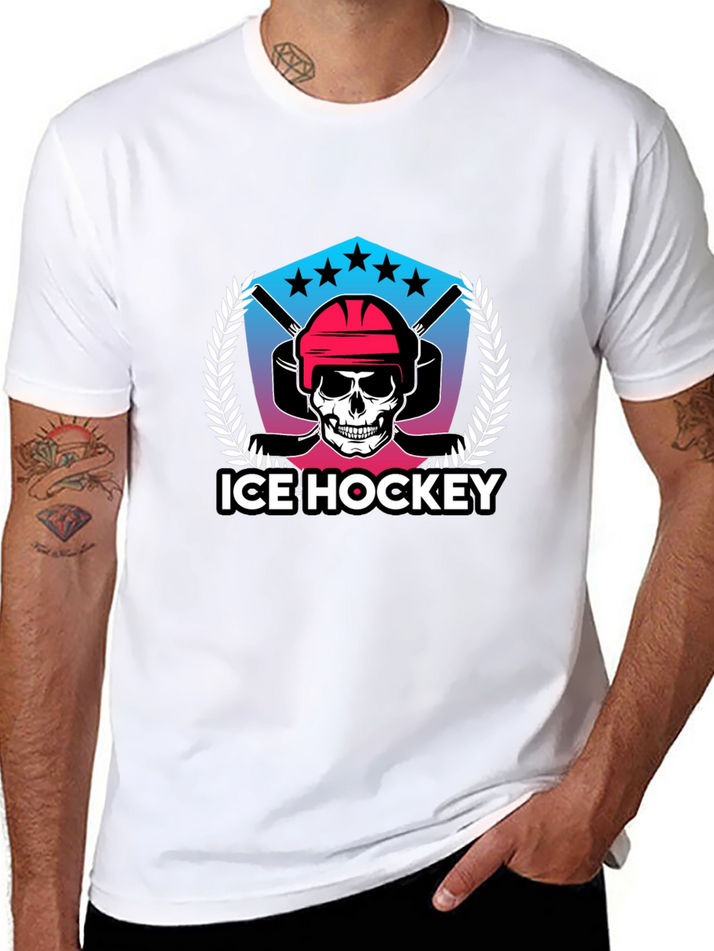 Ice Hockey Skull Graphic Black T-Shirt