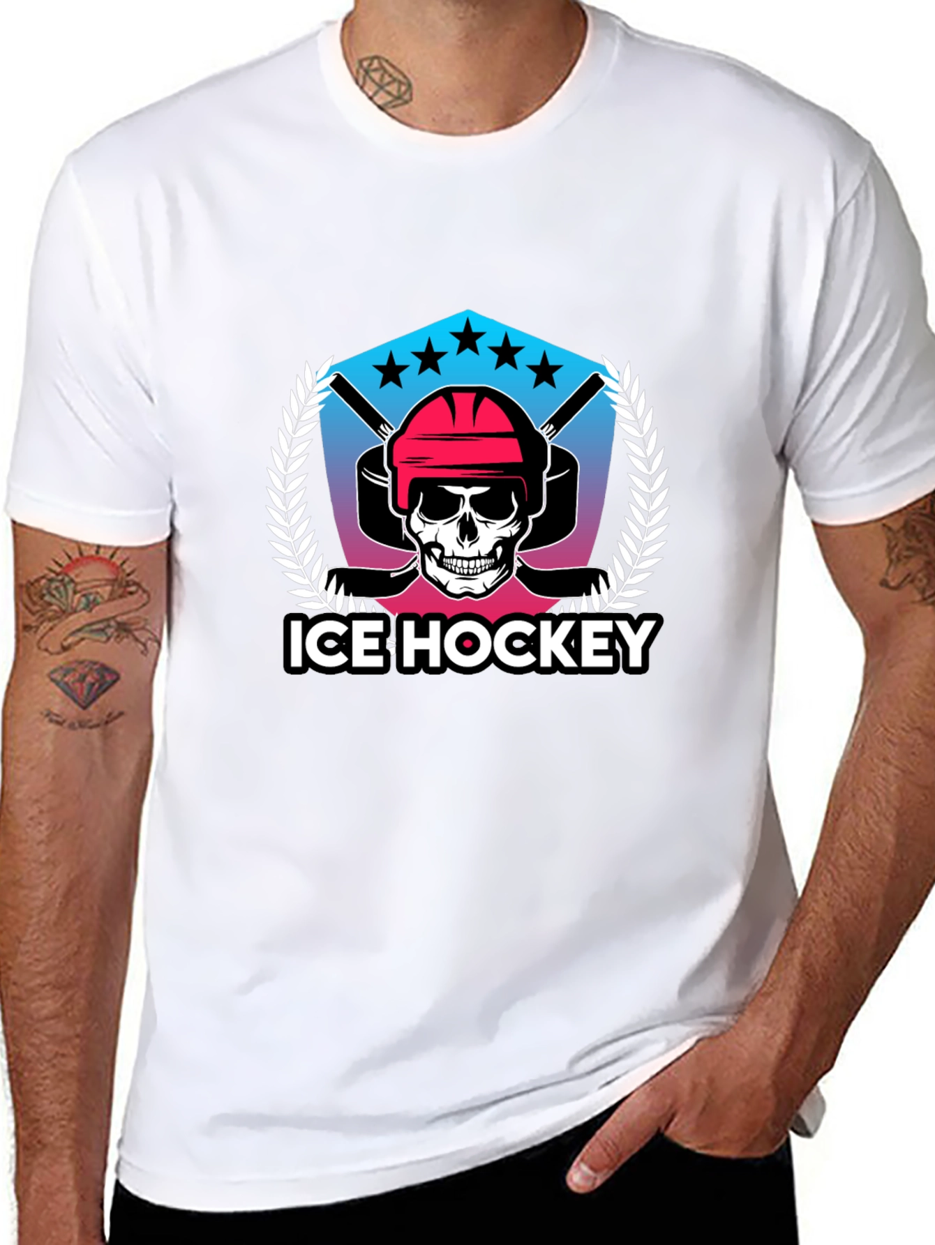 Ice Hockey Skull Graphic Black T-Shirt