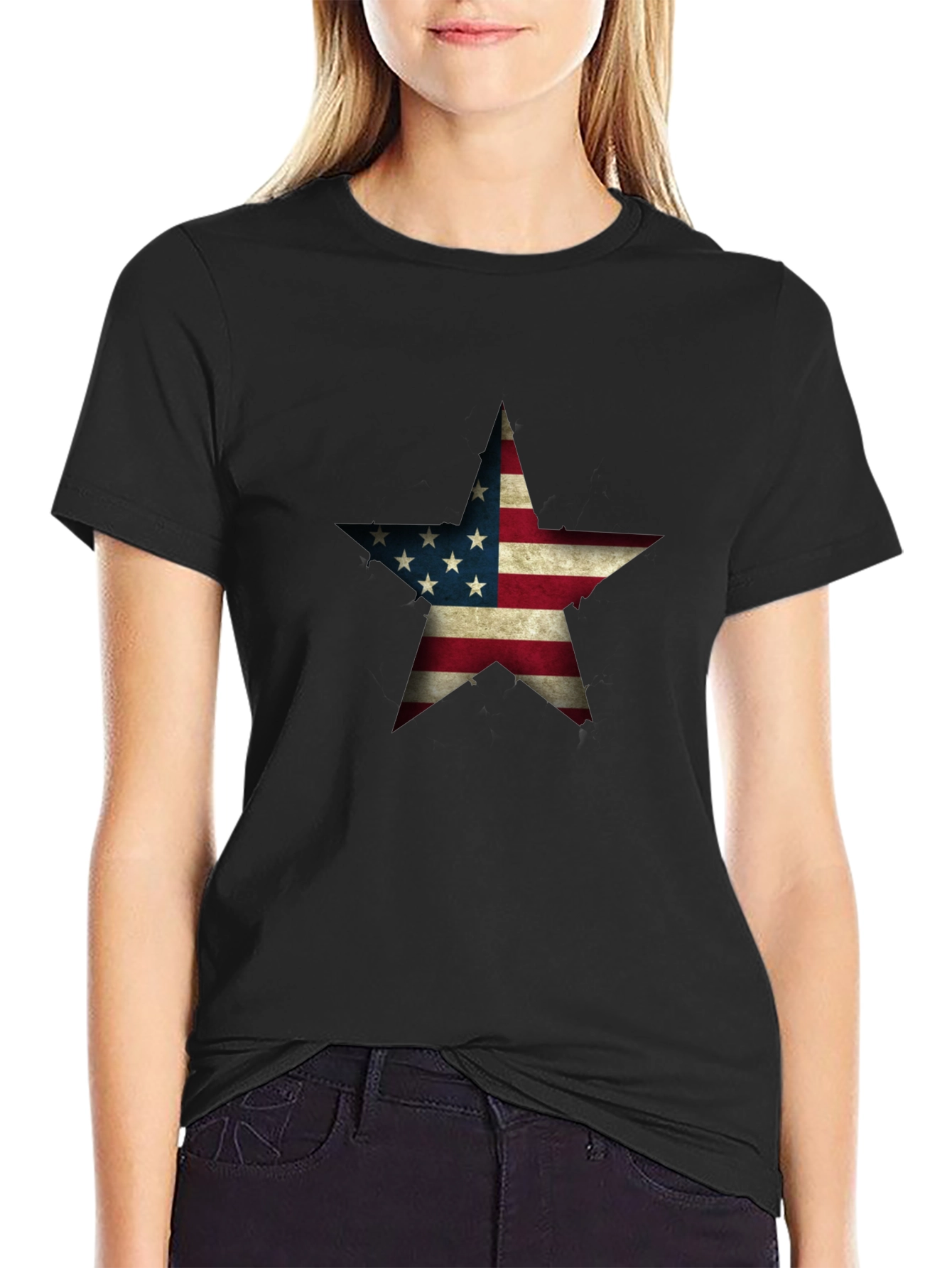 USA Flag Star Graphic Black T-Shirt