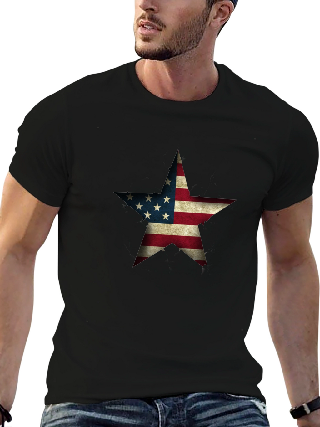 USA Flag Star Graphic Black T-Shirt