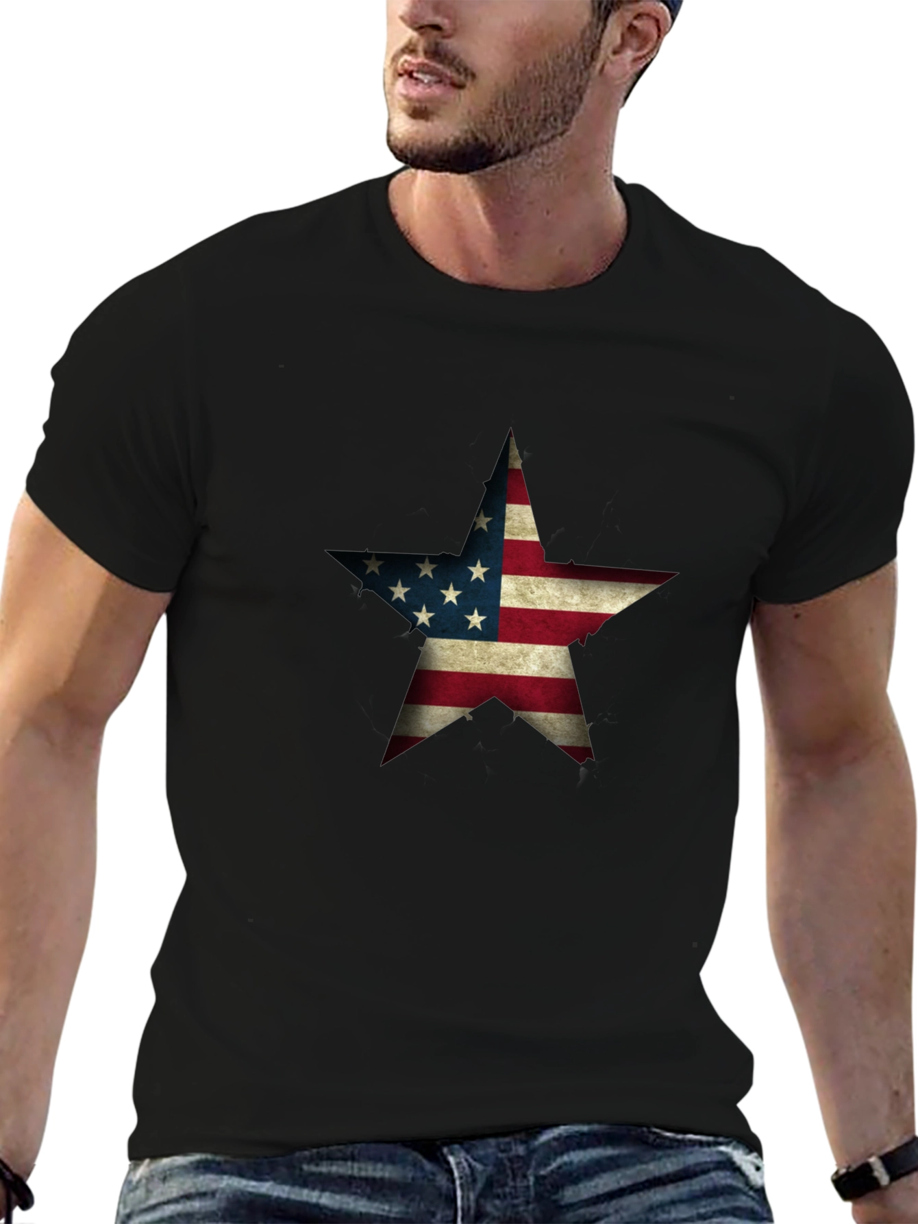 USA Flag Star Graphic Black T-Shirt