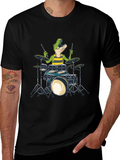 Dino Drummer T-Shirt: Black Crew Neck Cotton Tee