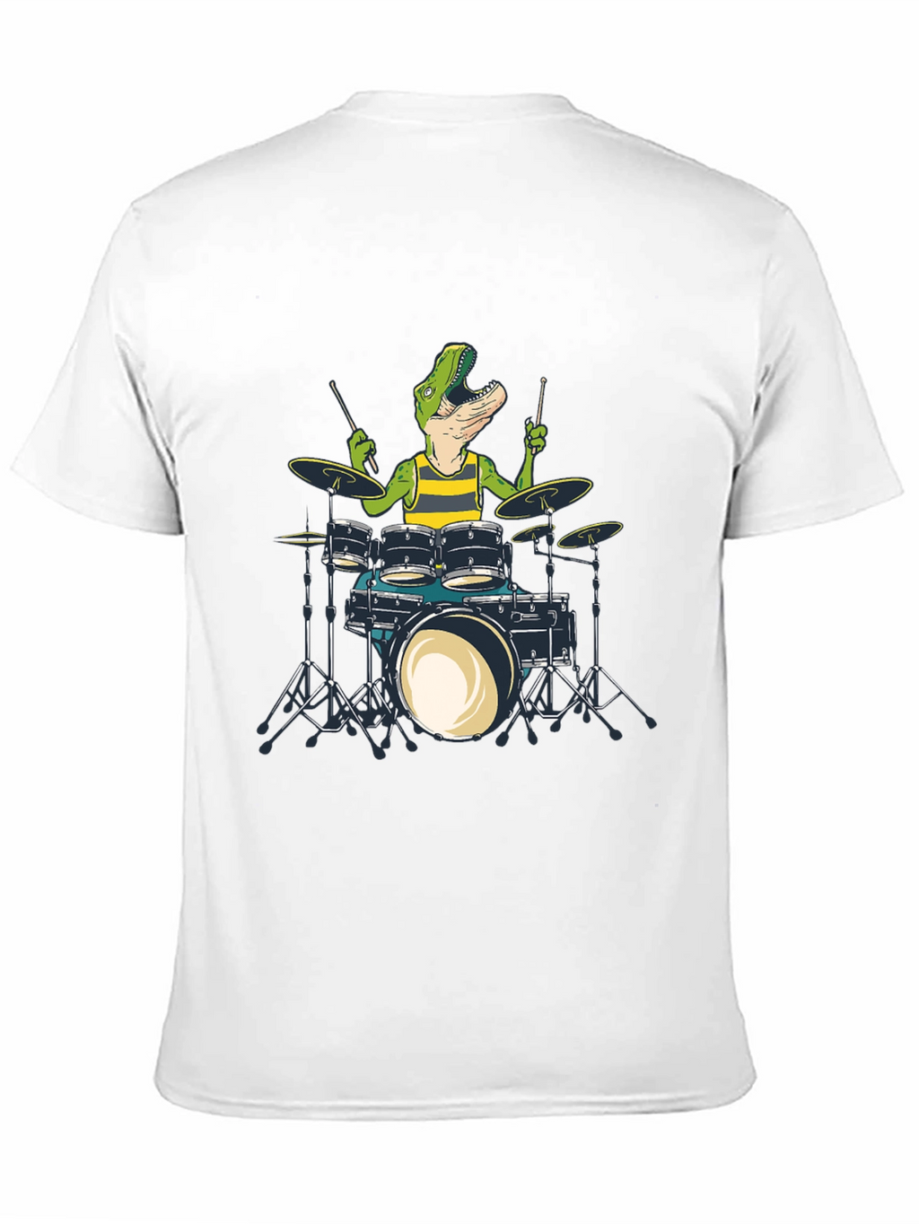 Dino Drummer T-Shirt: Black Crew Neck Cotton Tee
