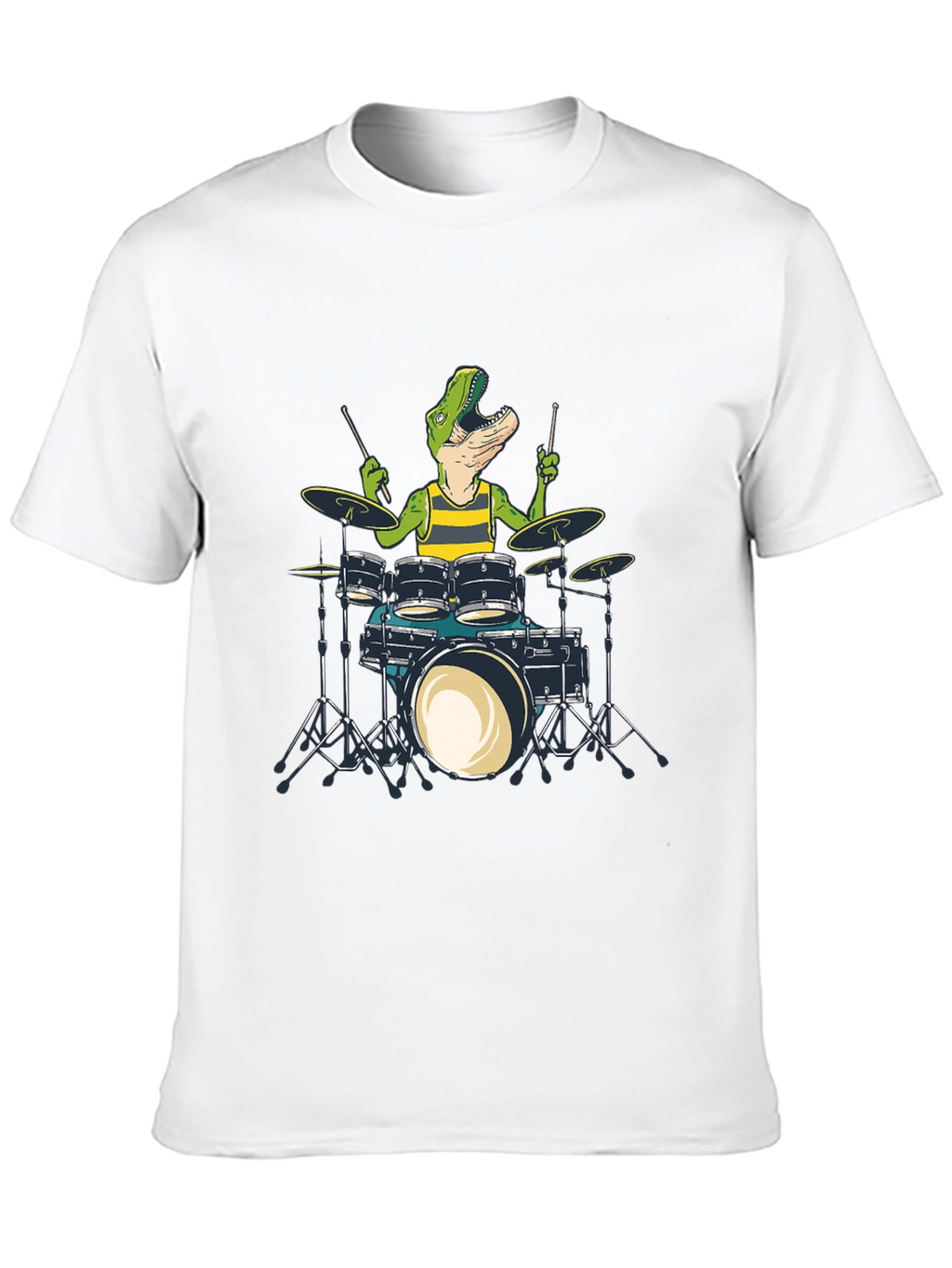 Dino Drummer T-Shirt: Black Crew Neck Cotton Tee