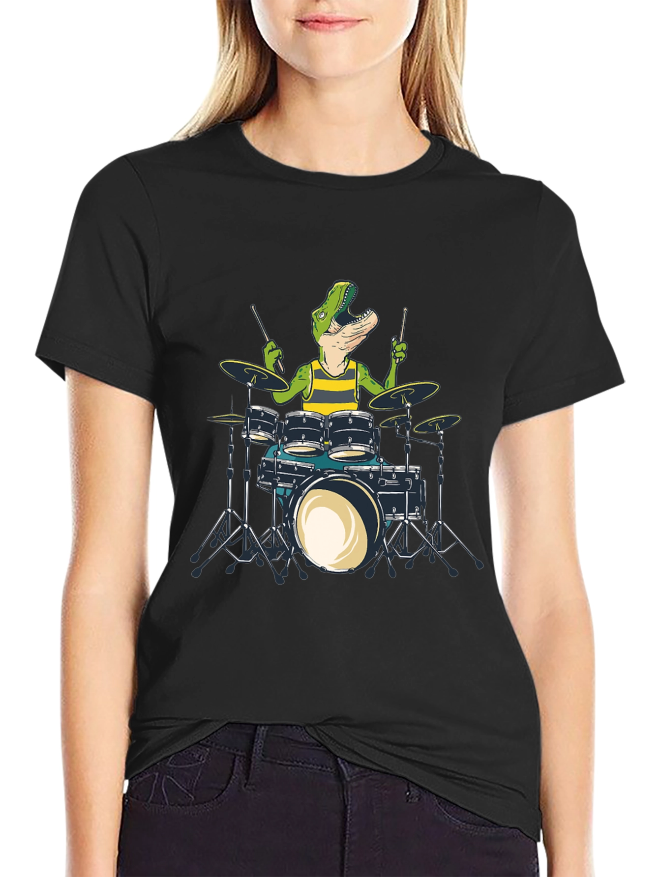 Dino Drummer T-Shirt: Black Crew Neck Cotton Tee