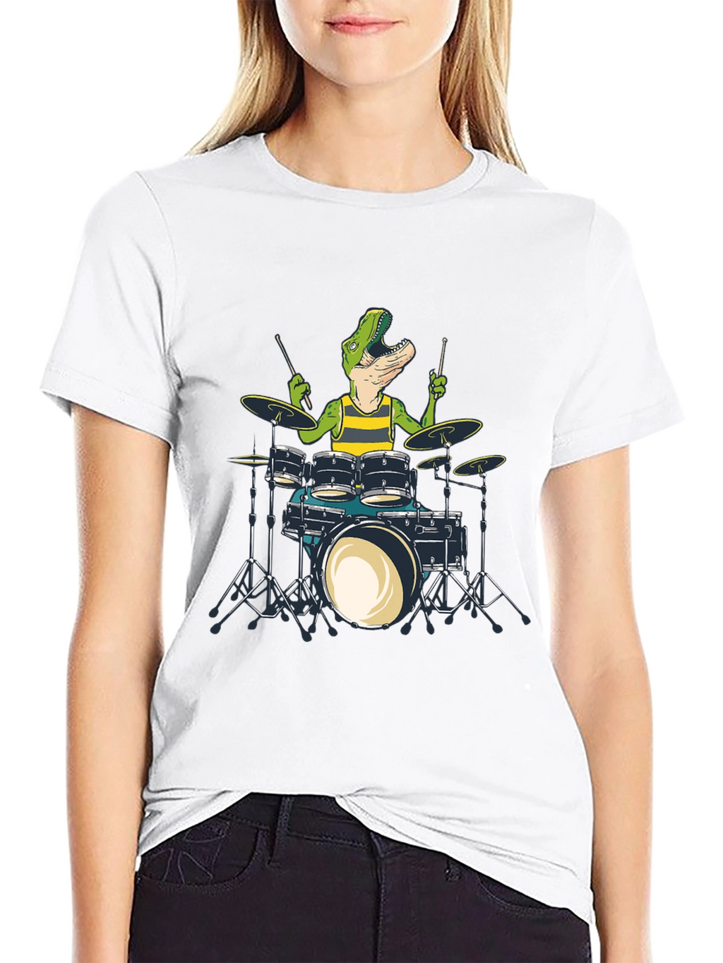 Dino Drummer T-Shirt: Black Crew Neck Cotton Tee