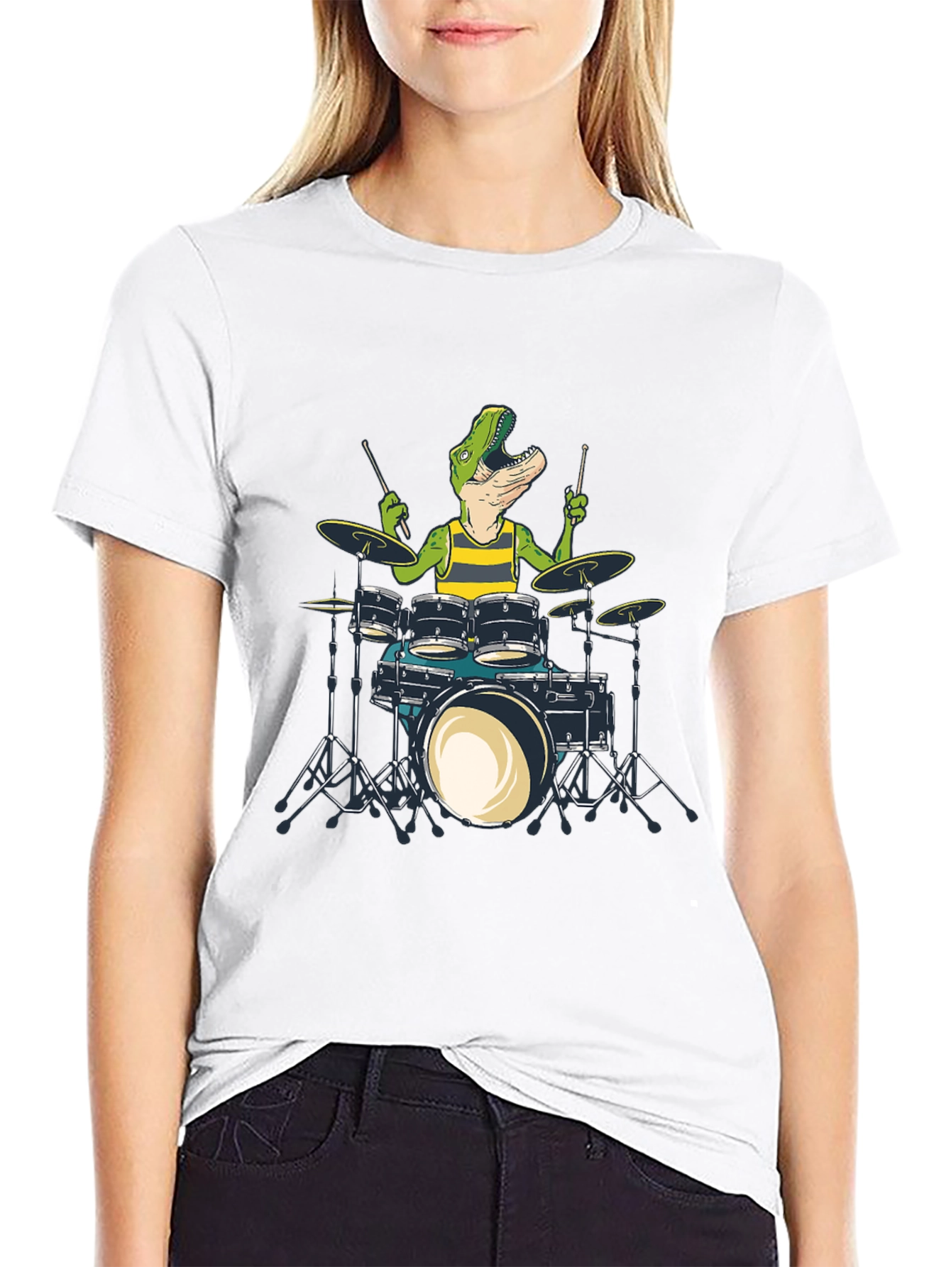 Dino Drummer T-Shirt: Black Crew Neck Cotton Tee
