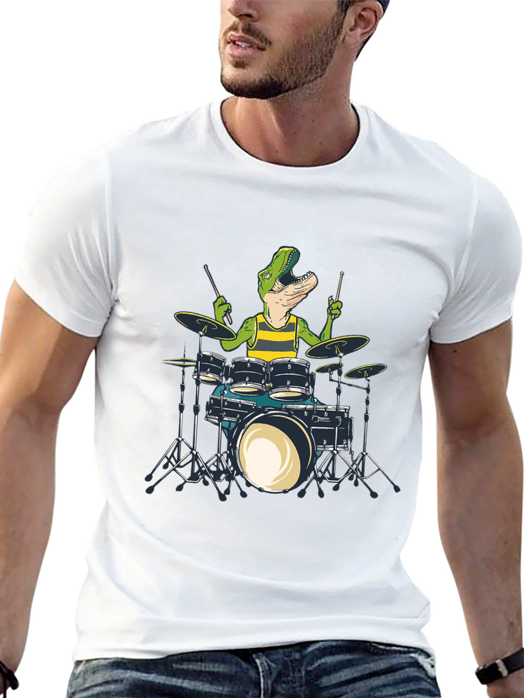 Dino Drummer T-Shirt: Black Crew Neck Cotton Tee