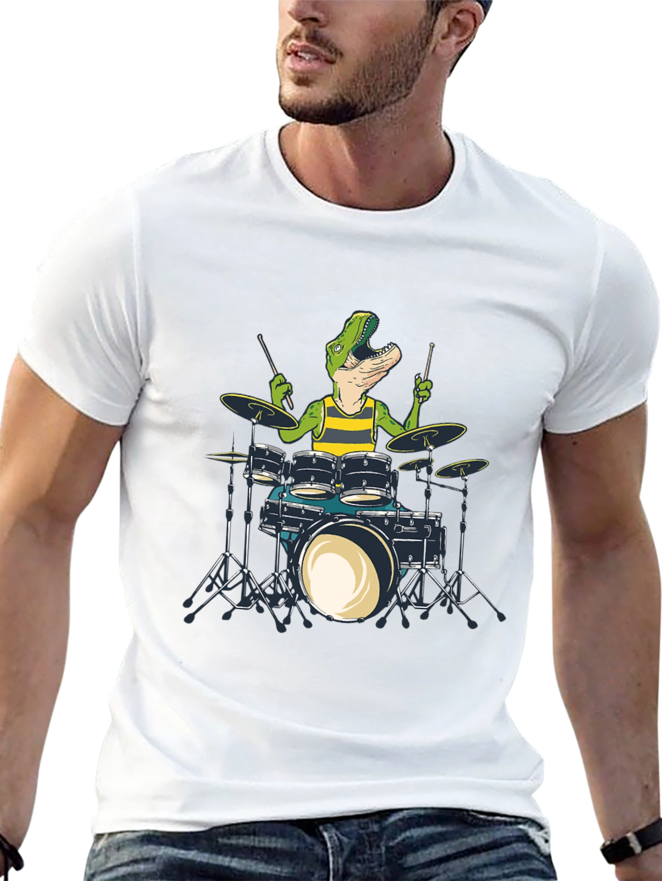 Dino Drummer T-Shirt: Black Crew Neck Cotton Tee