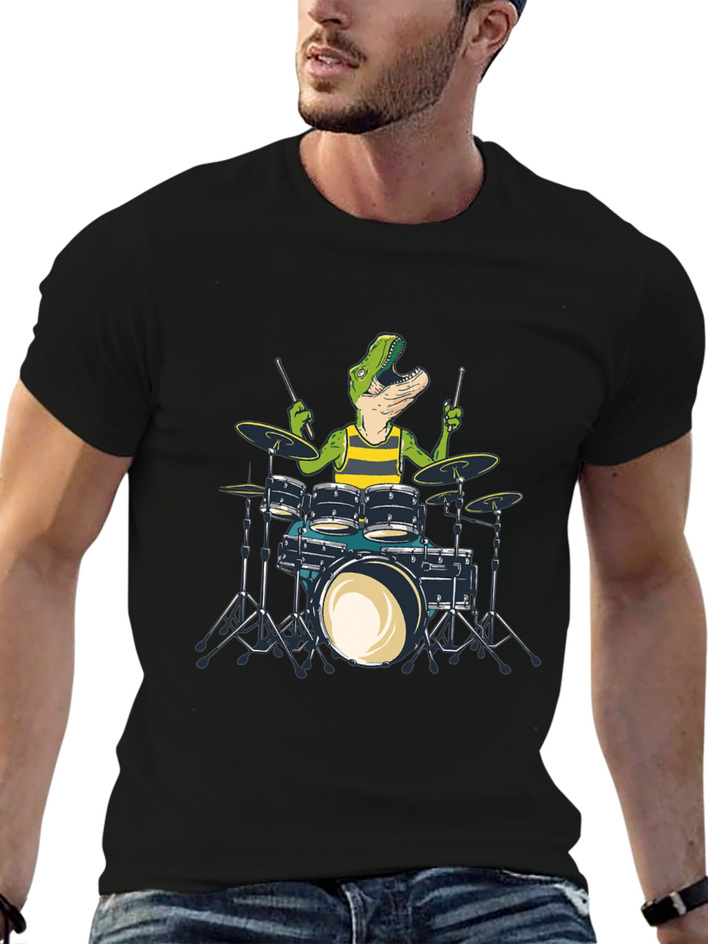 Dino Drummer T-Shirt: Black Crew Neck Cotton Tee