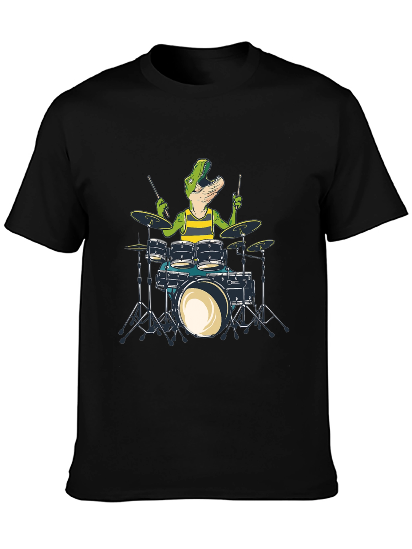 Dino Drummer T-Shirt: Black Crew Neck Cotton Tee
