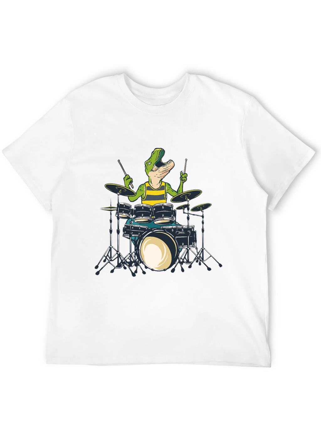 Dino Drummer T-Shirt: Black Crew Neck Cotton Tee