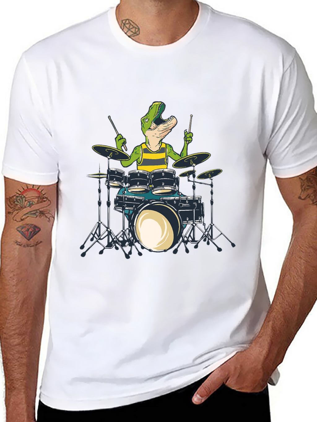 Dino Drummer T-Shirt: Black Crew Neck Cotton Tee
