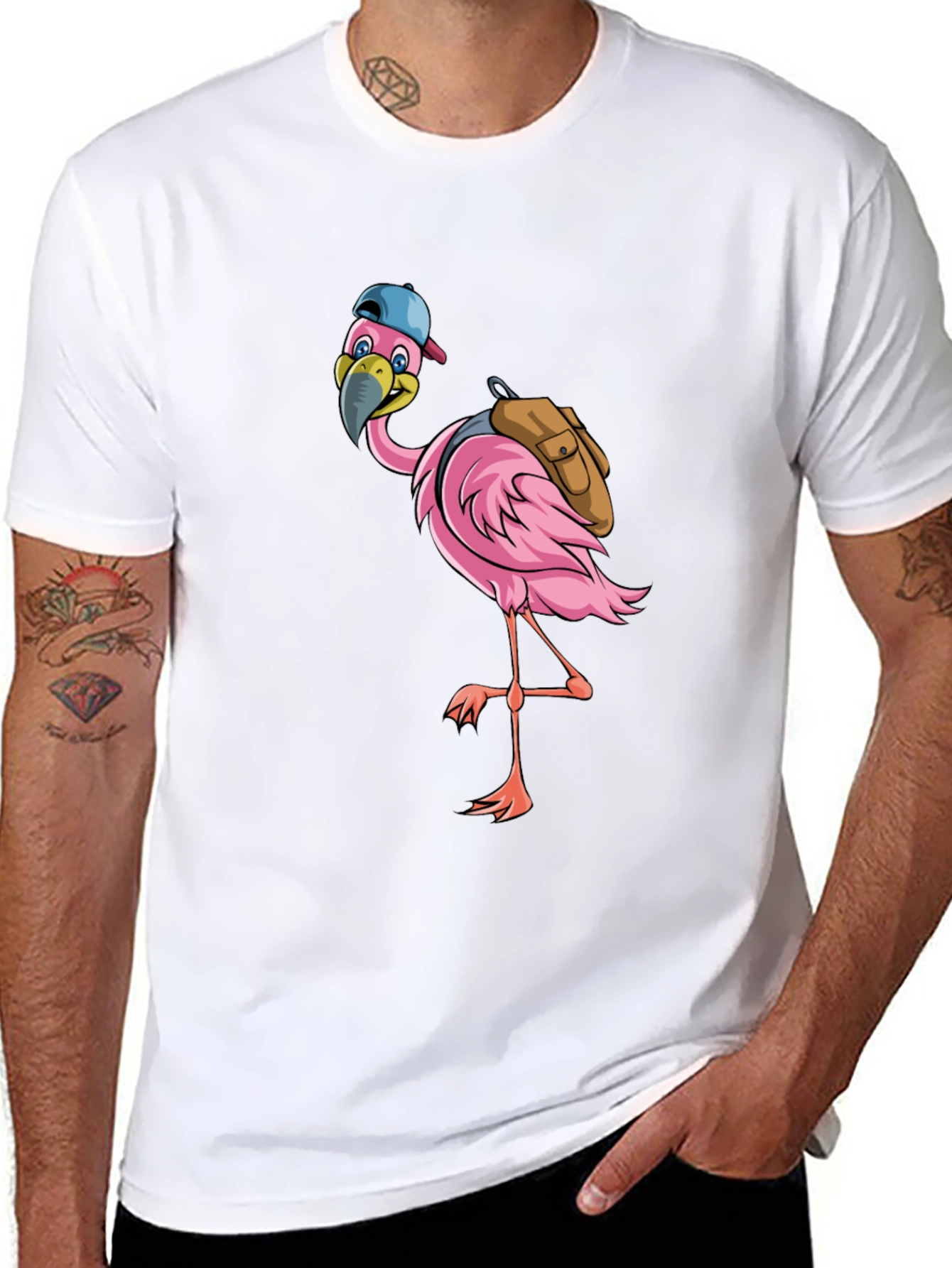 Flamingo with Backpack Graphic Tee