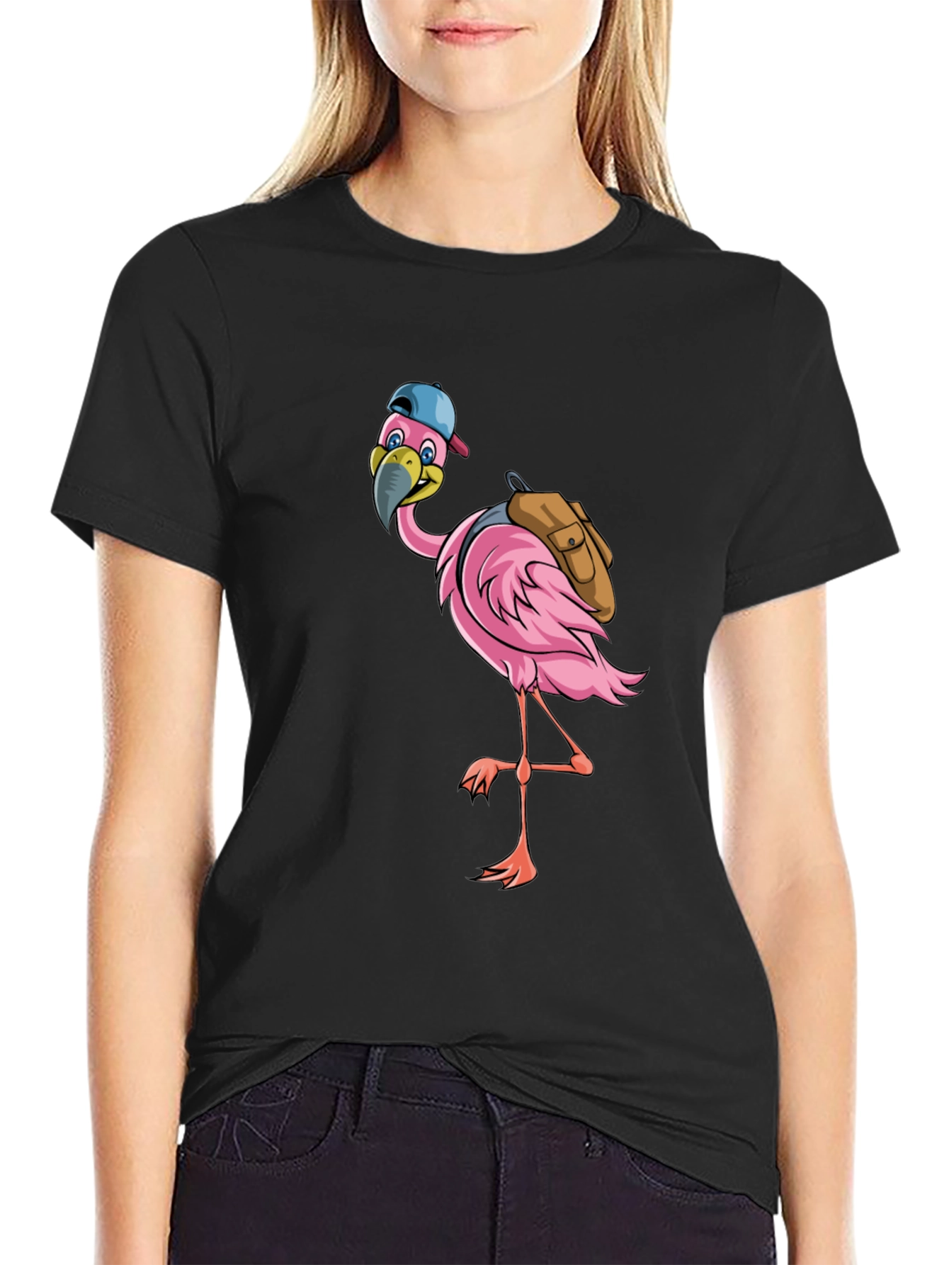 Flamingo with Backpack Graphic Tee