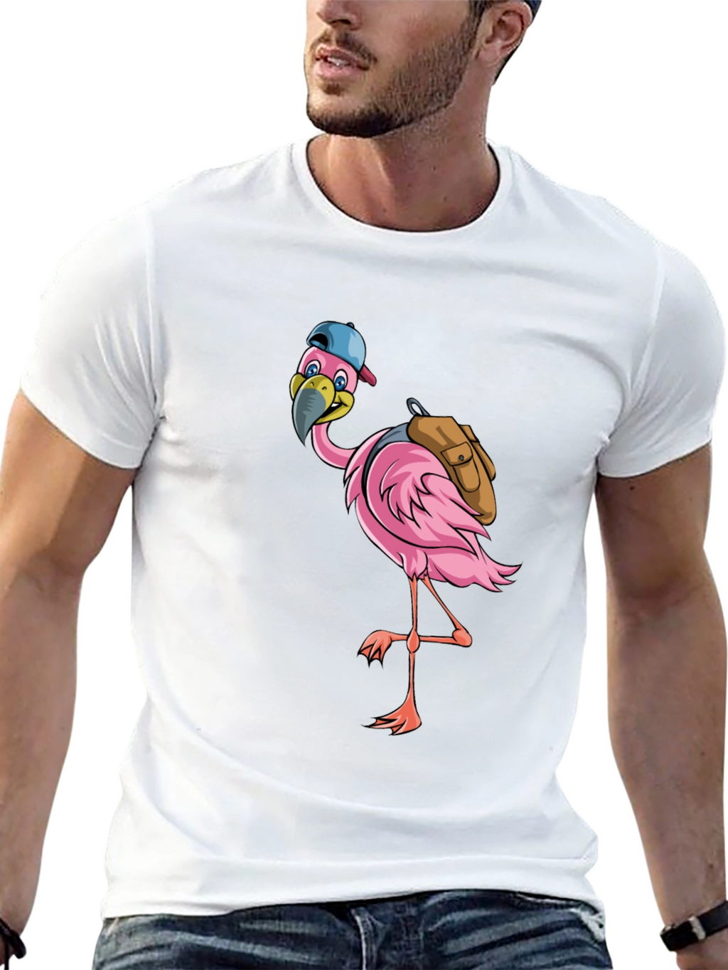 Flamingo with Backpack Graphic Tee