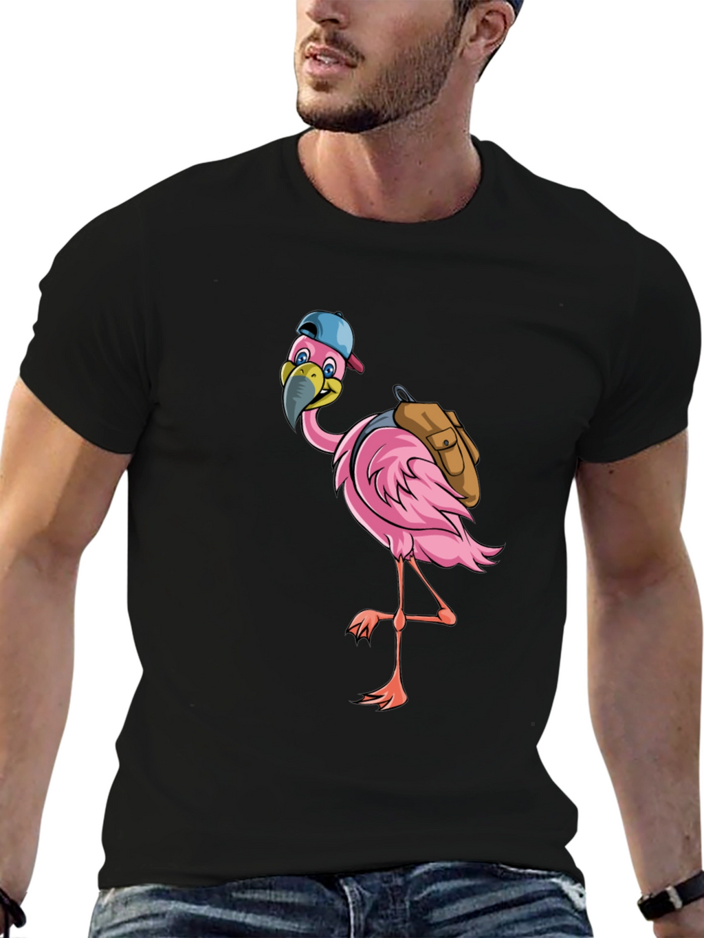 Flamingo with Backpack Graphic Tee