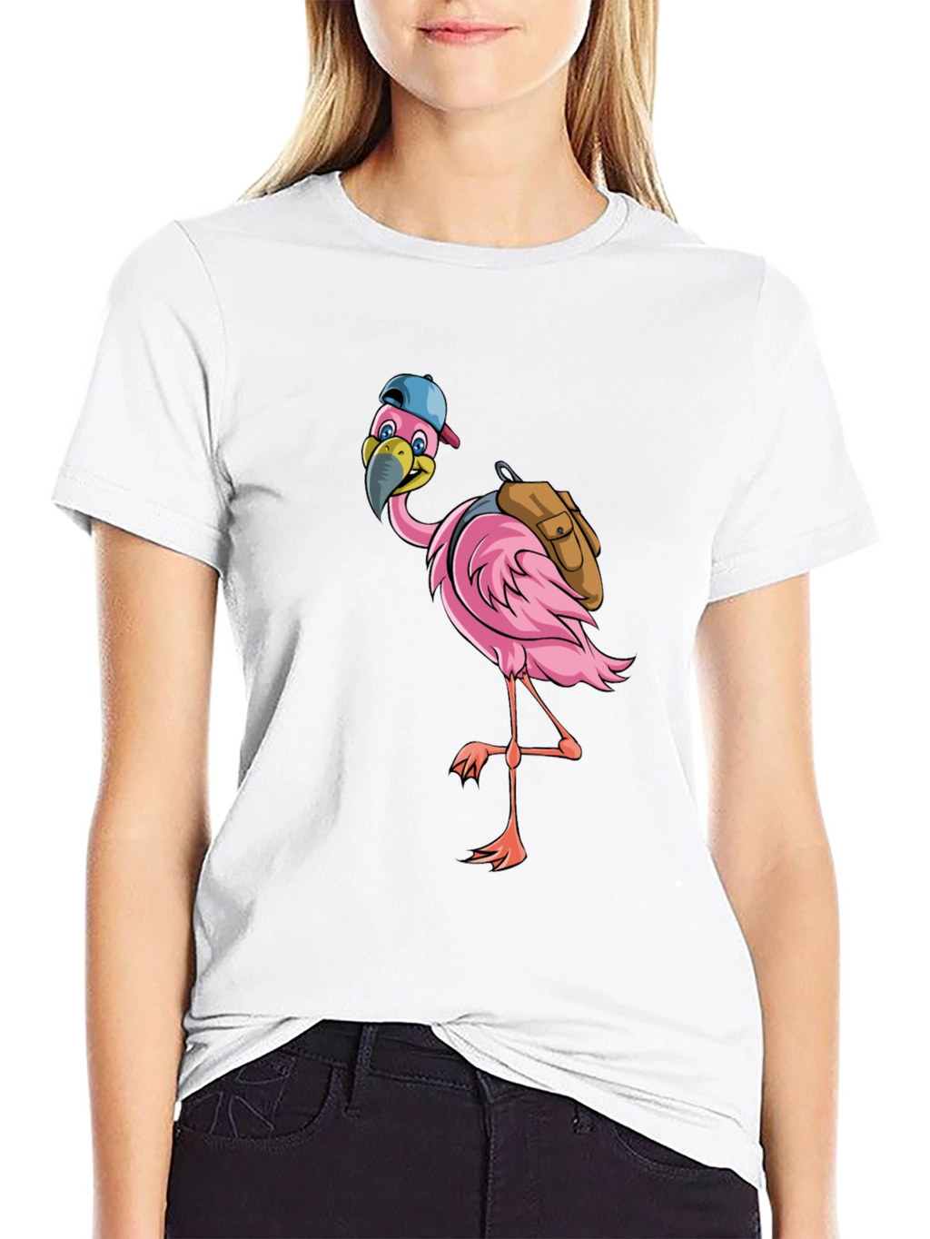 Flamingo with Backpack Graphic Tee