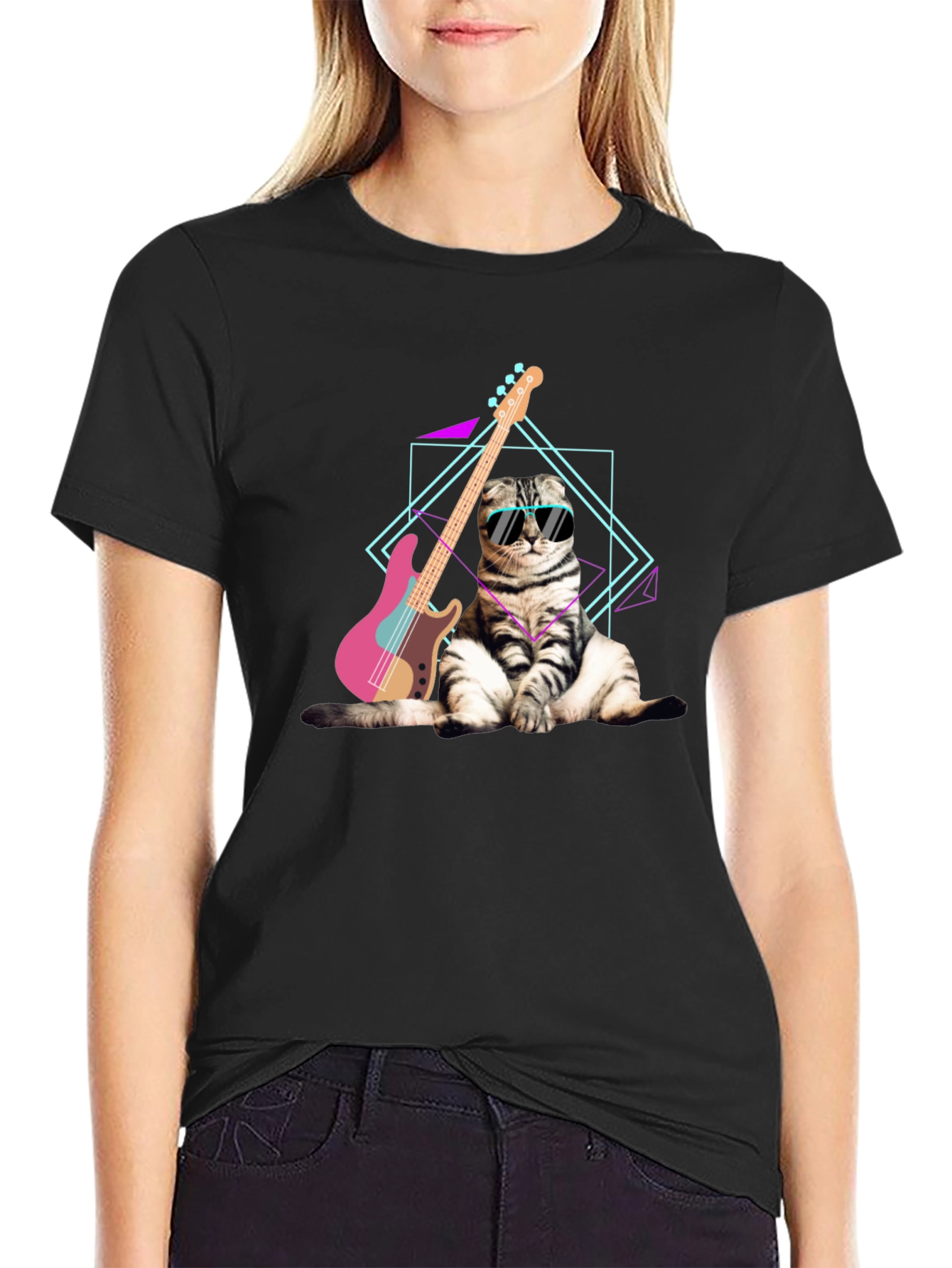 Cool Cat Guitarist Graphic Tee - Unique Design