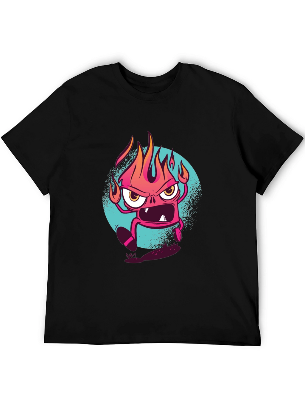 Fiery Cartoon Monster Graphic Black T-Shirt