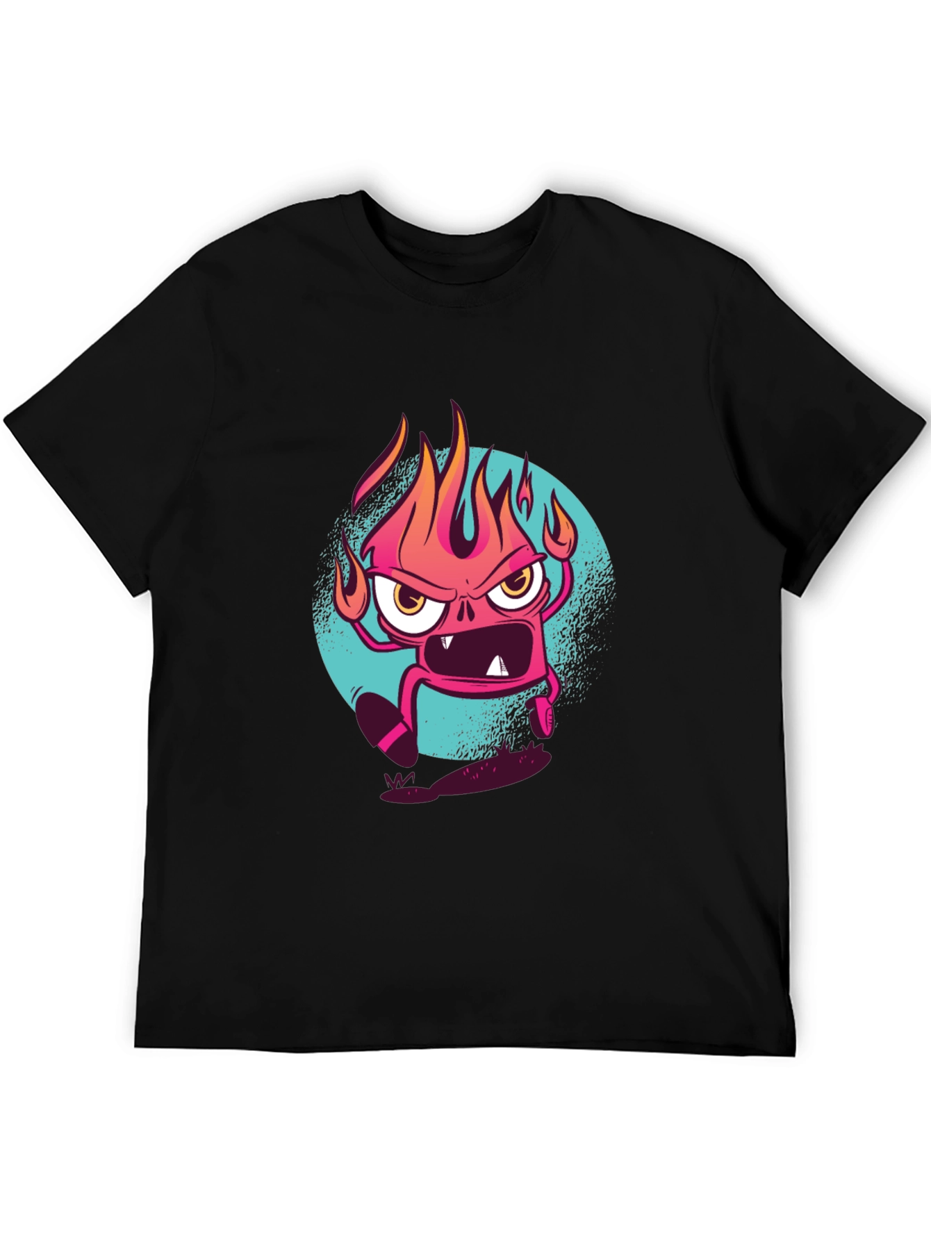 Fiery Cartoon Monster Graphic Black T-Shirt