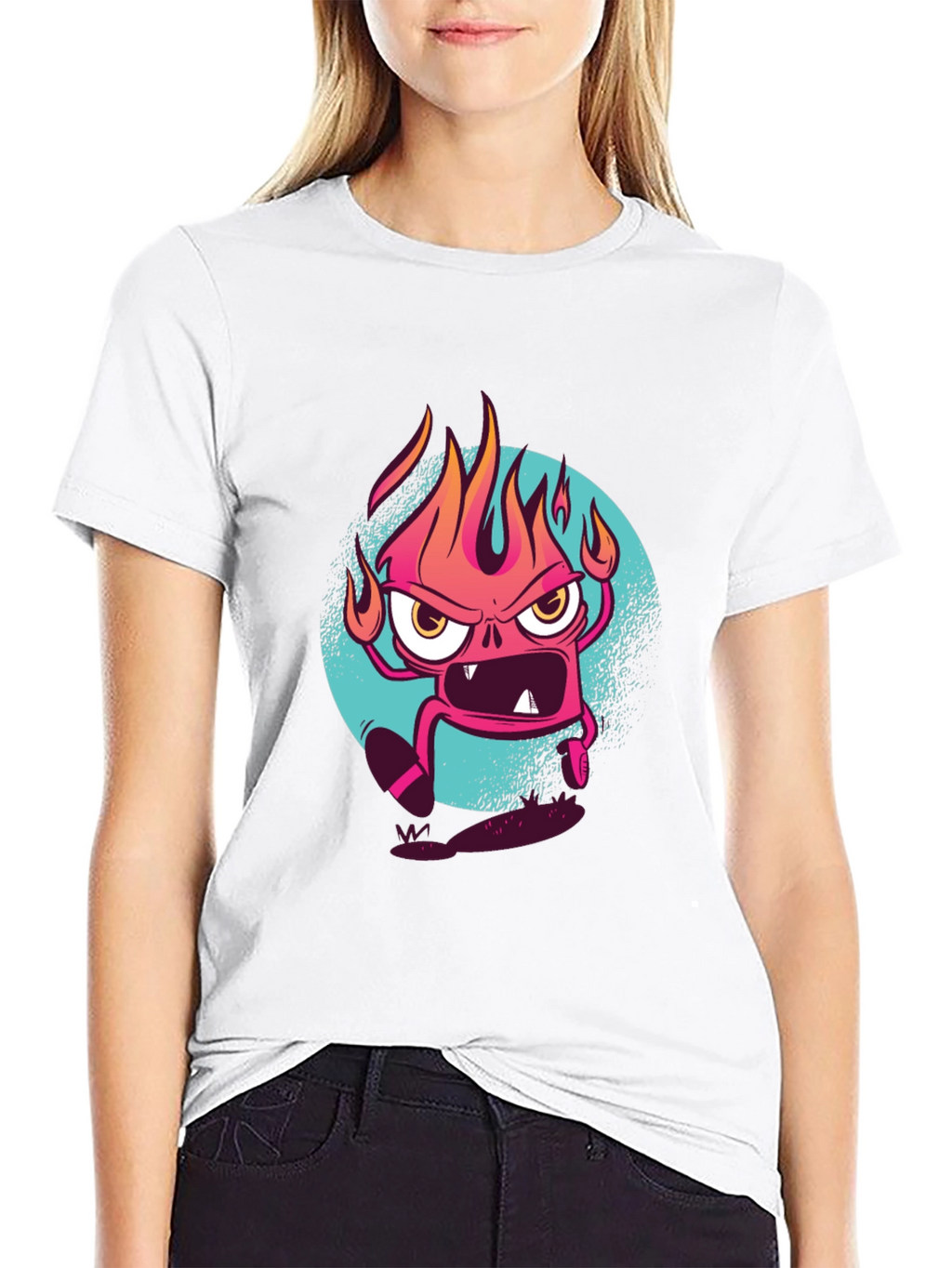Fiery Cartoon Monster Graphic Black T-Shirt