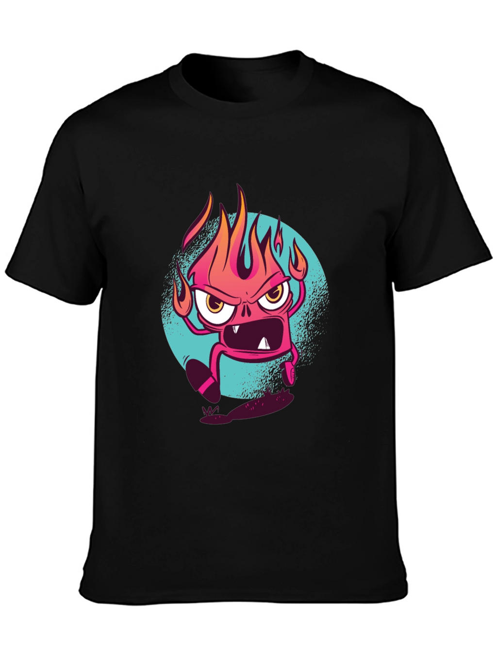 Fiery Cartoon Monster Graphic Black T-Shirt