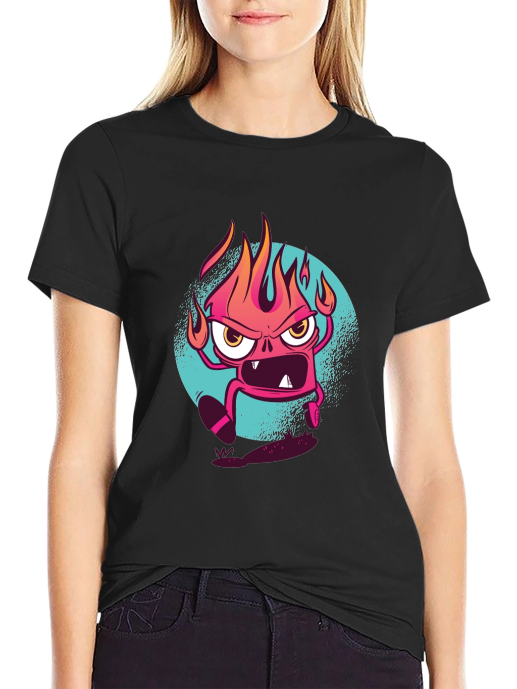 Fiery Cartoon Monster Graphic Black T-Shirt