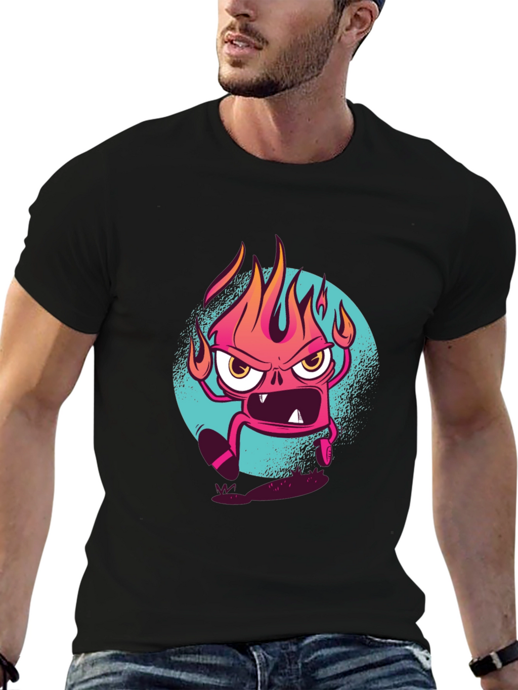Fiery Cartoon Monster Graphic Black T-Shirt
