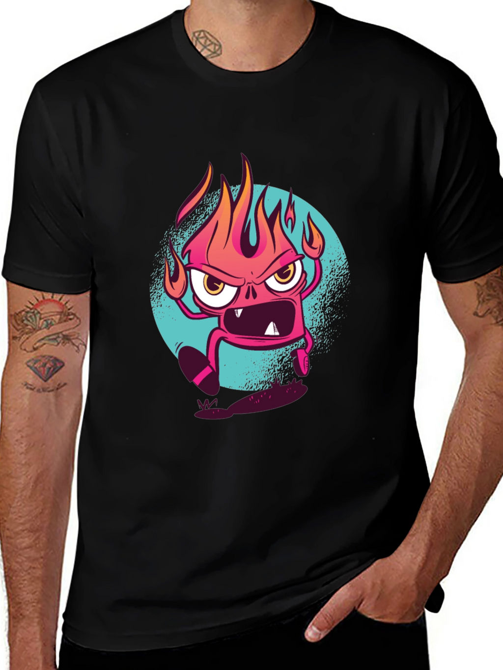 Fiery Cartoon Monster Graphic Black T-Shirt