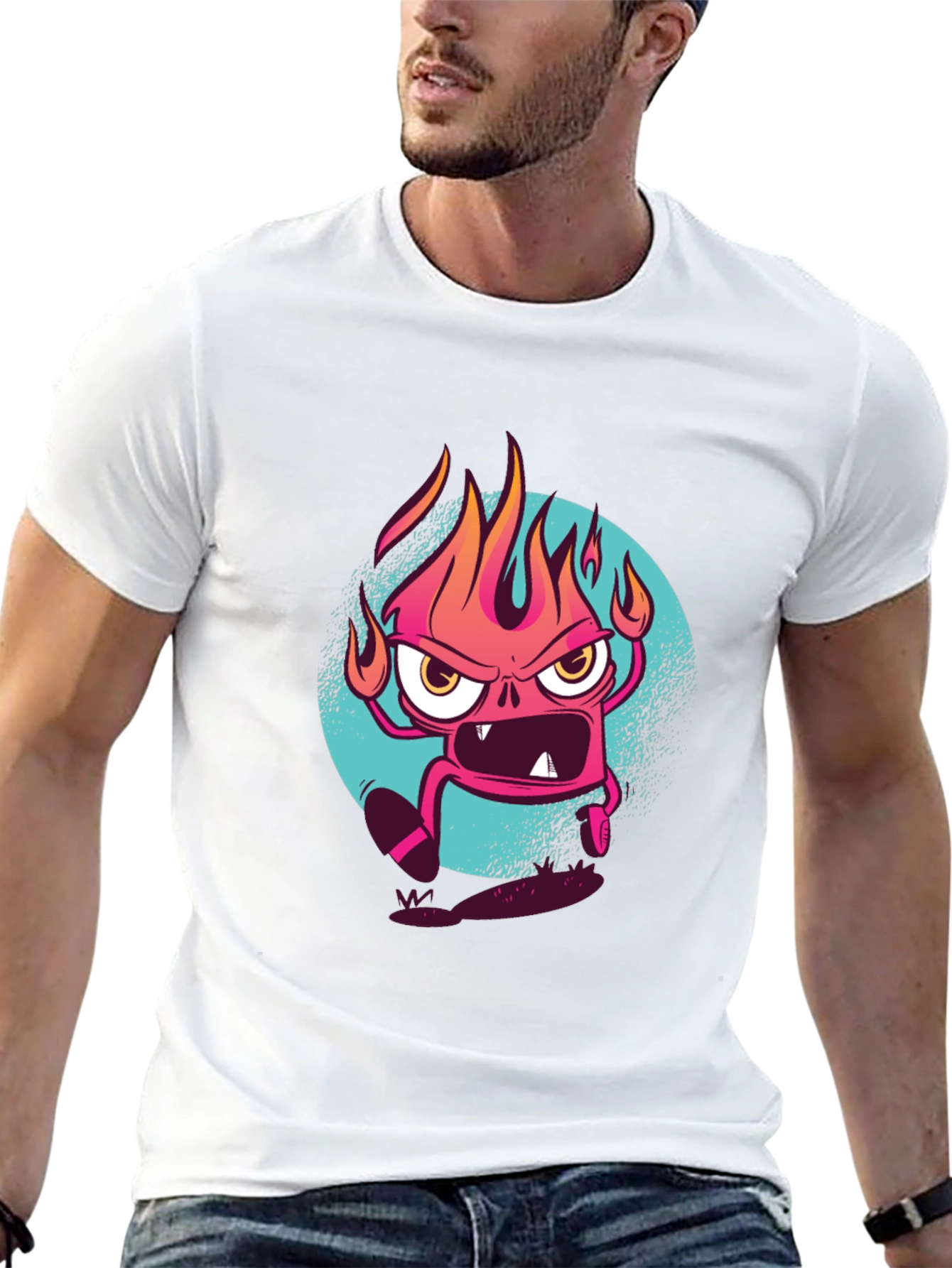 Fiery Cartoon Monster Graphic Black T-Shirt