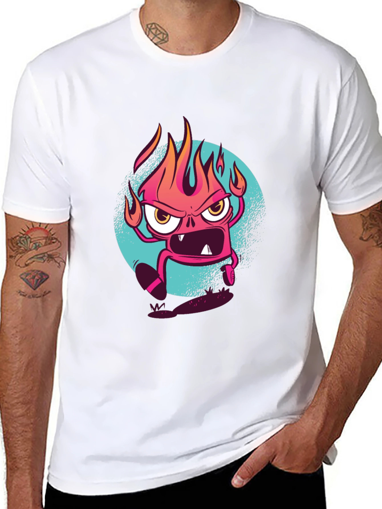 Fiery Cartoon Monster Graphic Black T-Shirt