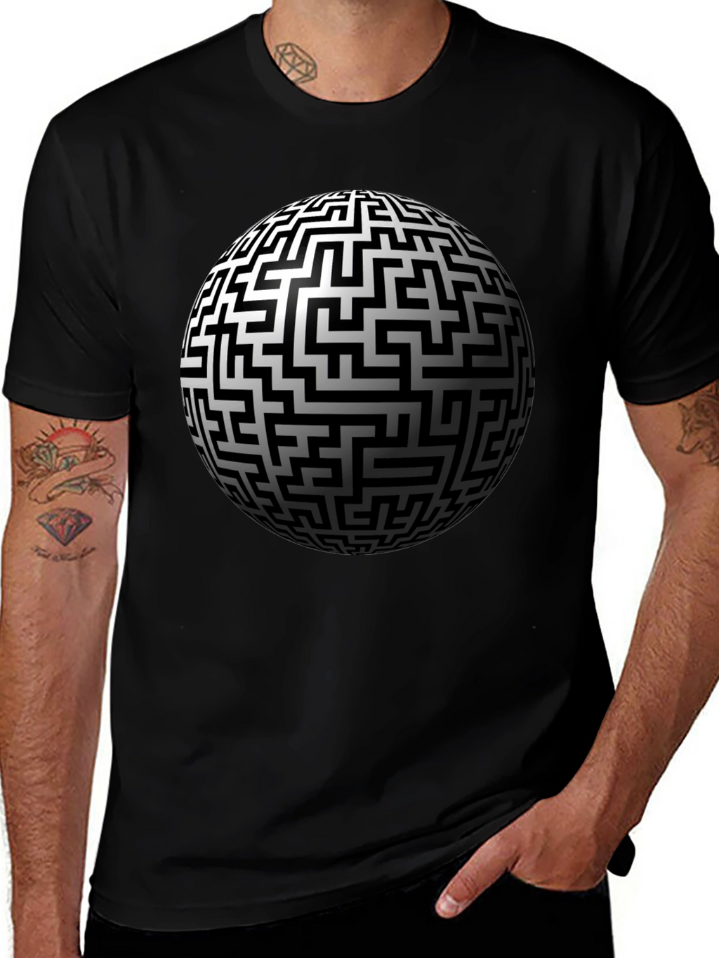 Maze Sphere Graphic Tee - Black Cotton Casual Wear