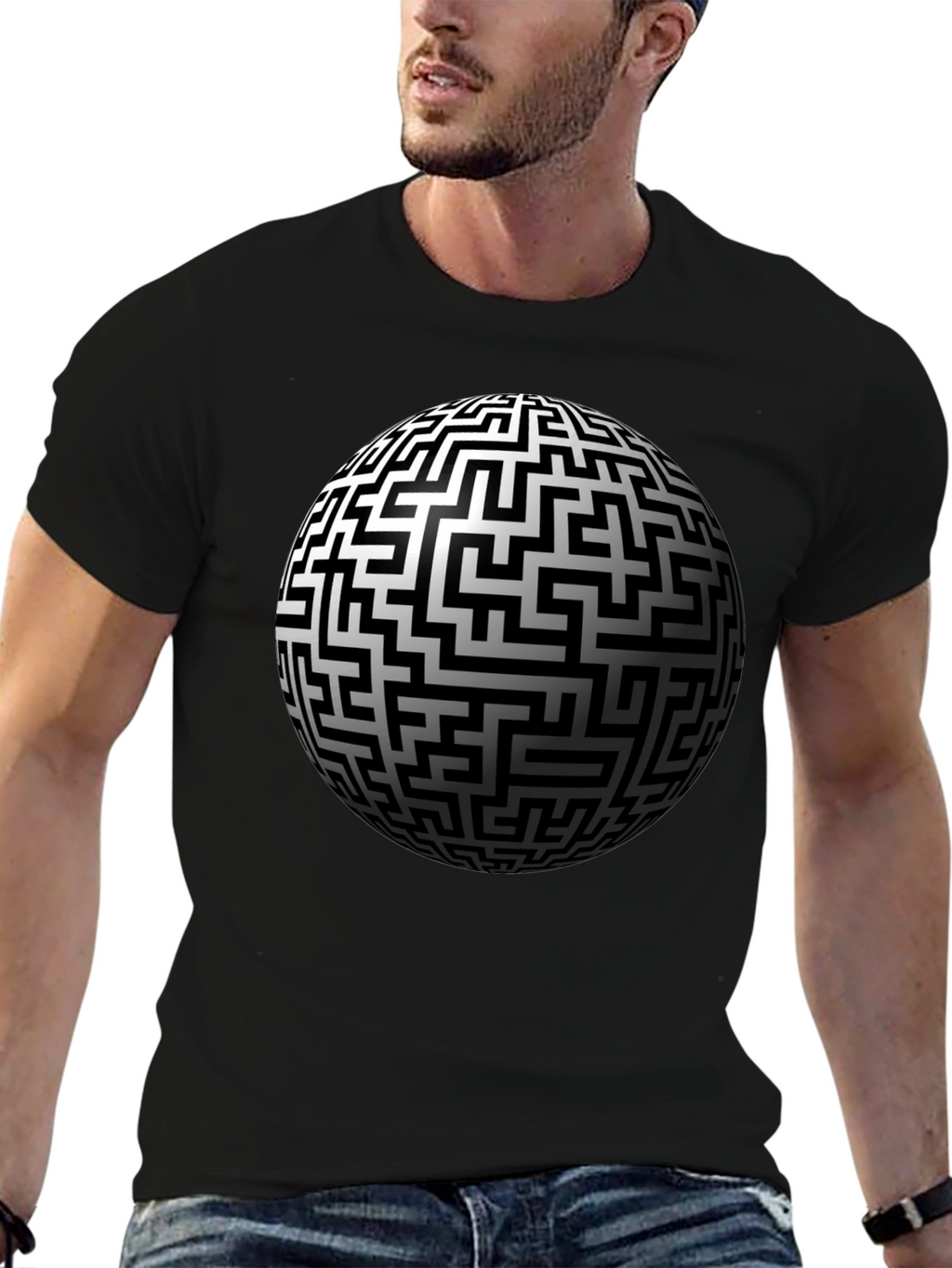 Maze Sphere Graphic Tee - Black Cotton Casual Wear
