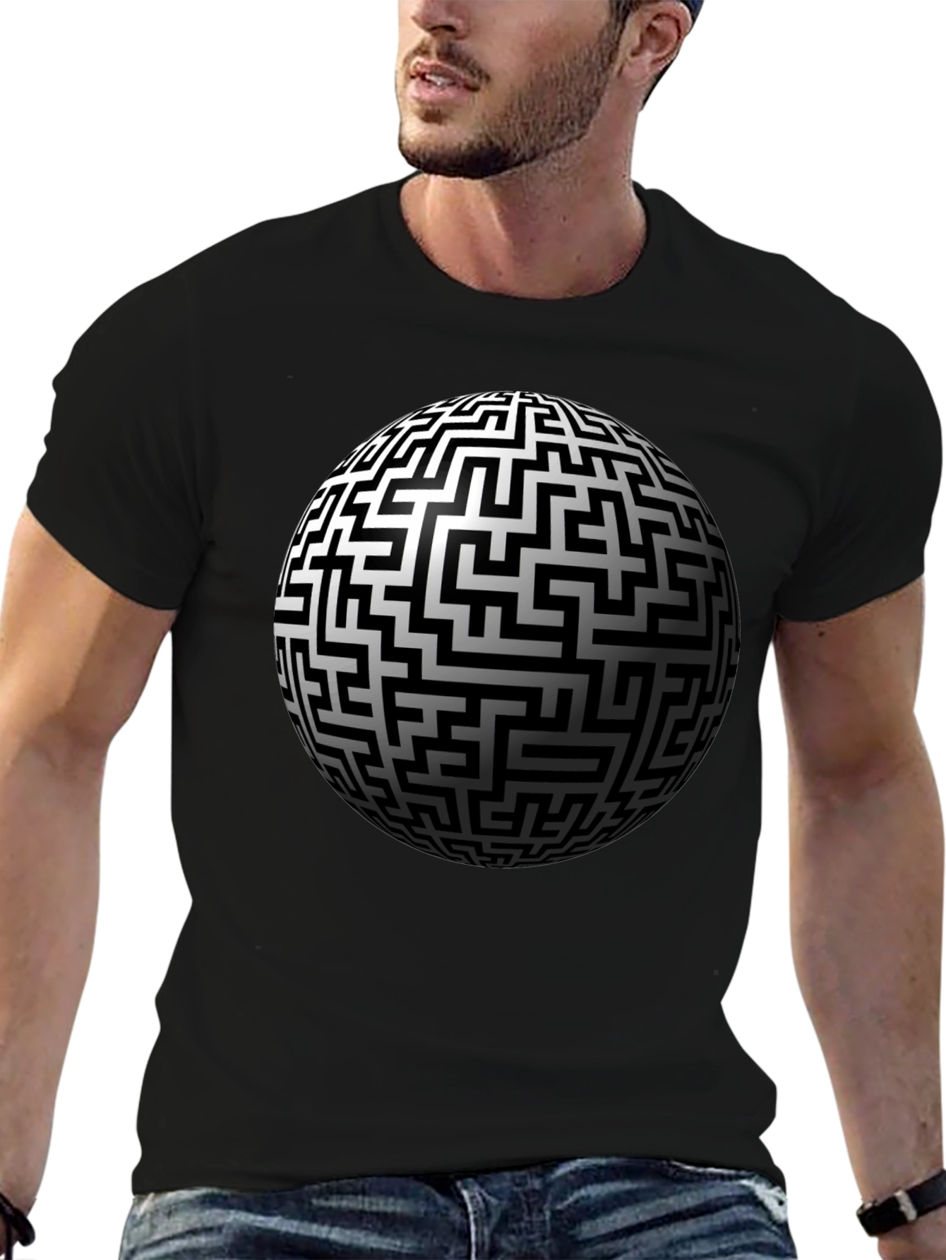 Maze Sphere Graphic Tee - Black Cotton Casual Wear