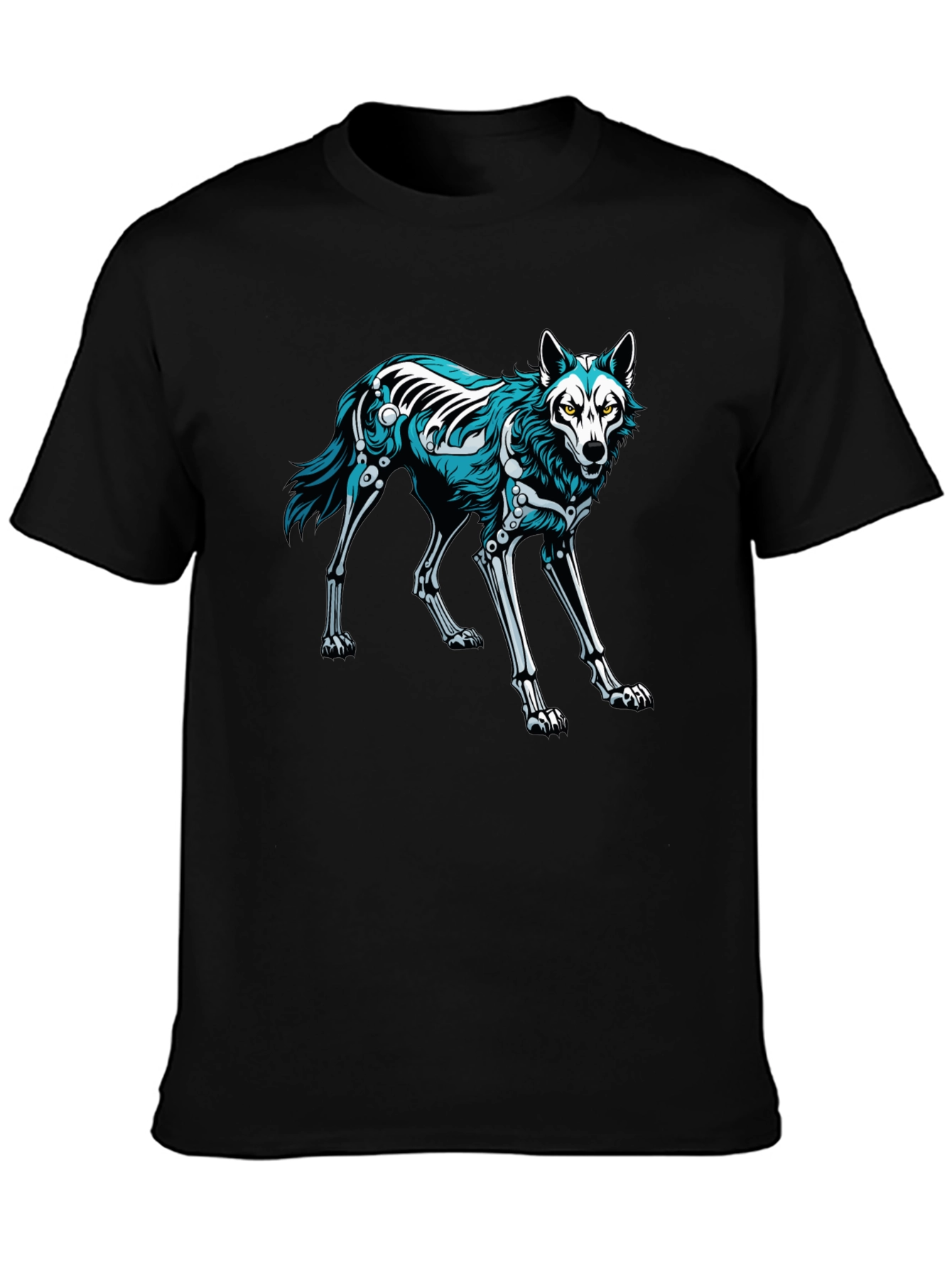 Black T-Shirt with Wolf Skeleton Graphic