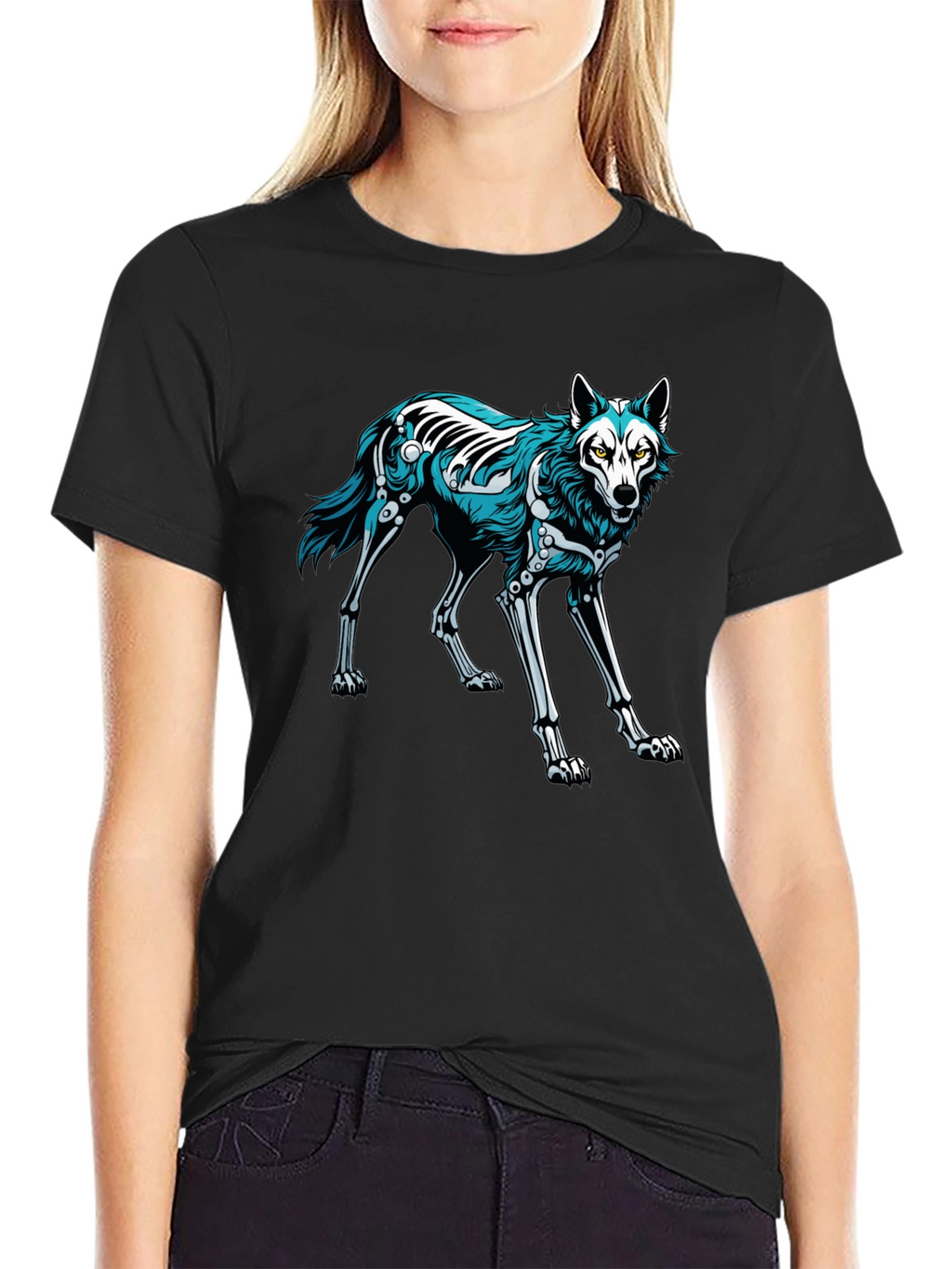 Black T-Shirt with Wolf Skeleton Graphic