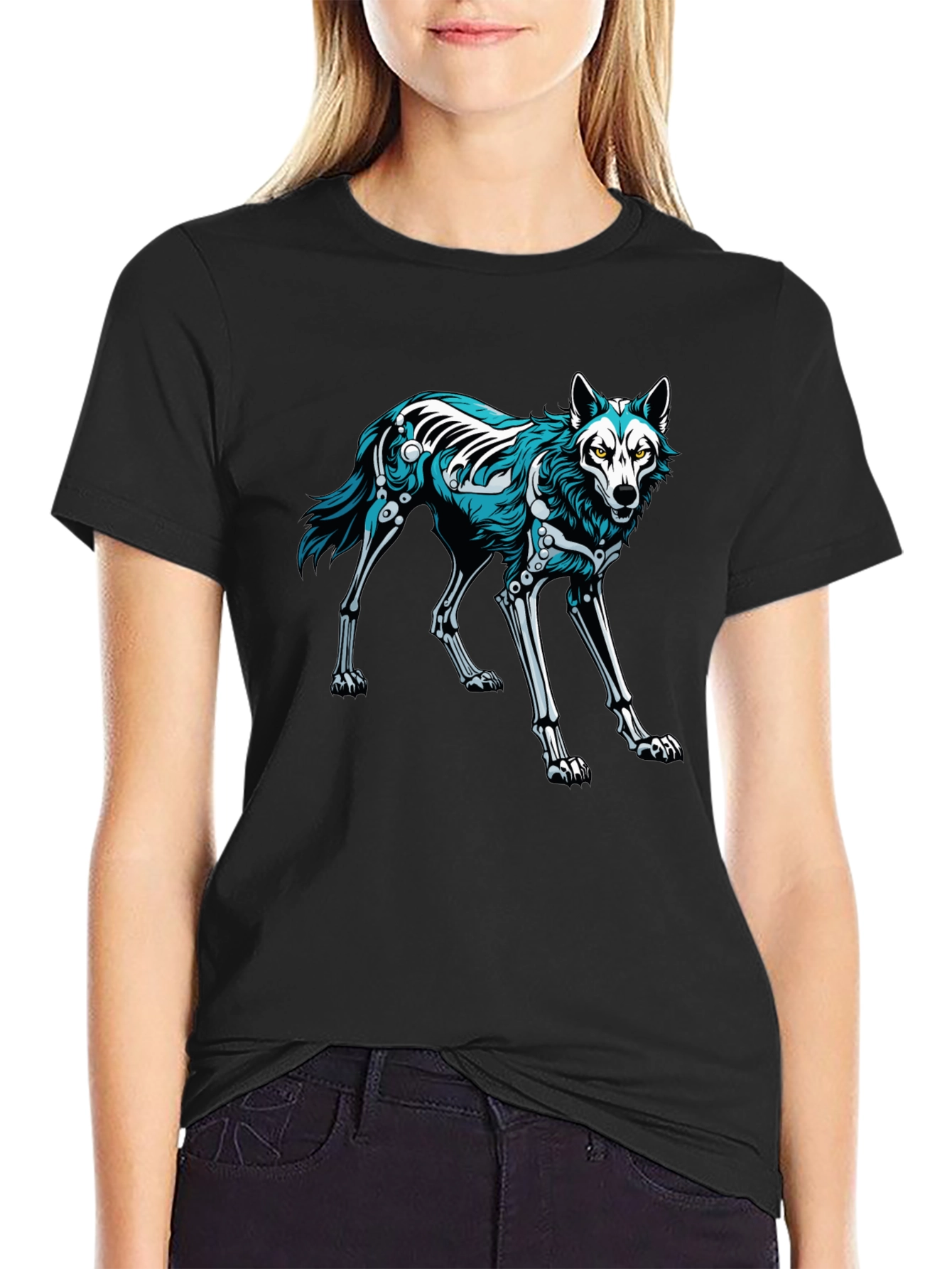 Black T-Shirt with Wolf Skeleton Graphic
