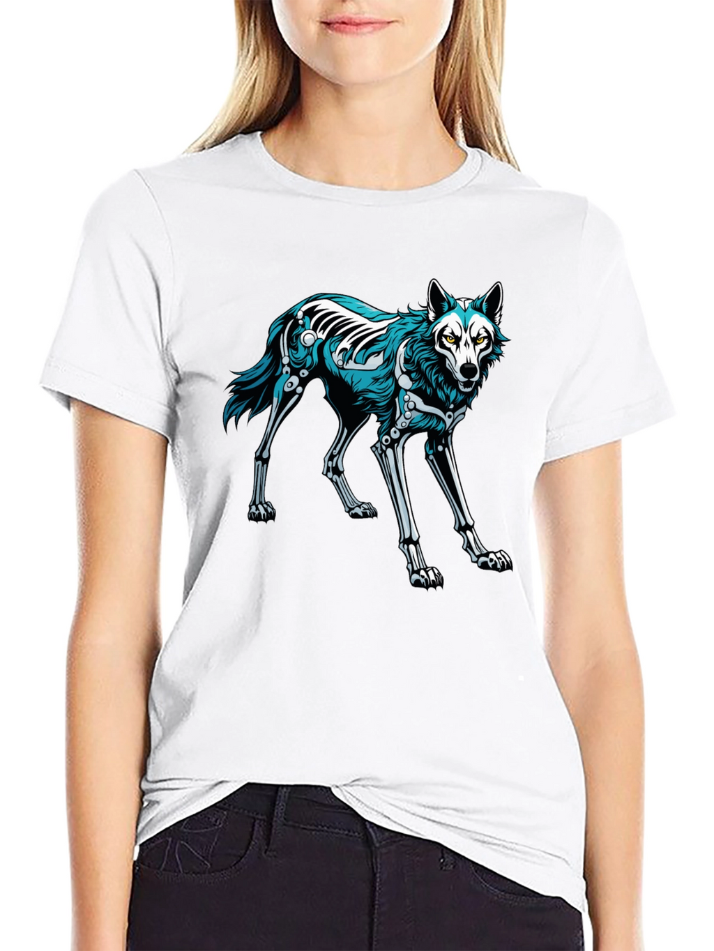 Black T-Shirt with Wolf Skeleton Graphic