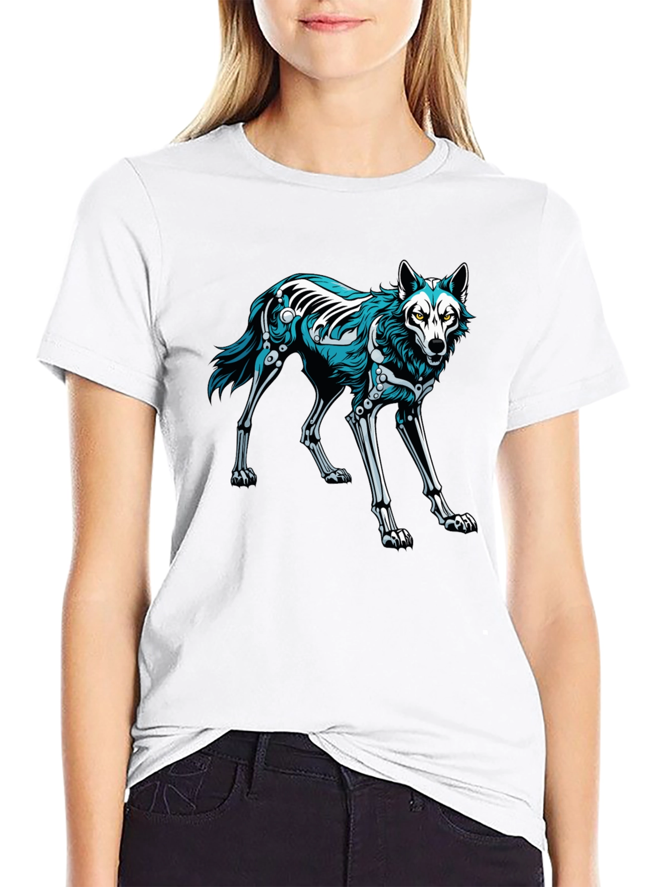 Black T-Shirt with Wolf Skeleton Graphic