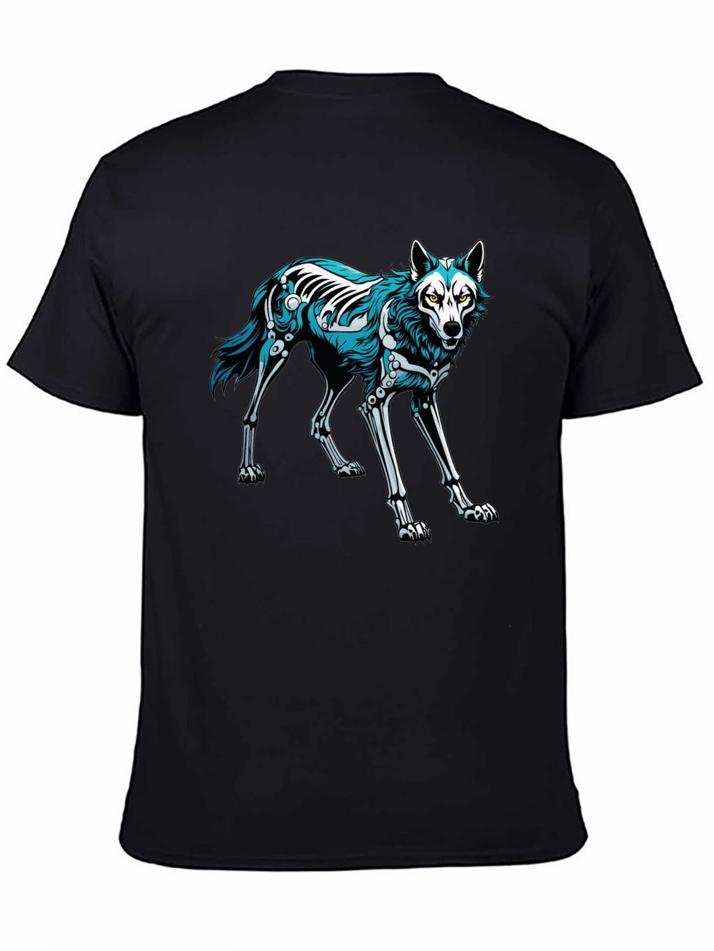 Black T-Shirt with Wolf Skeleton Graphic