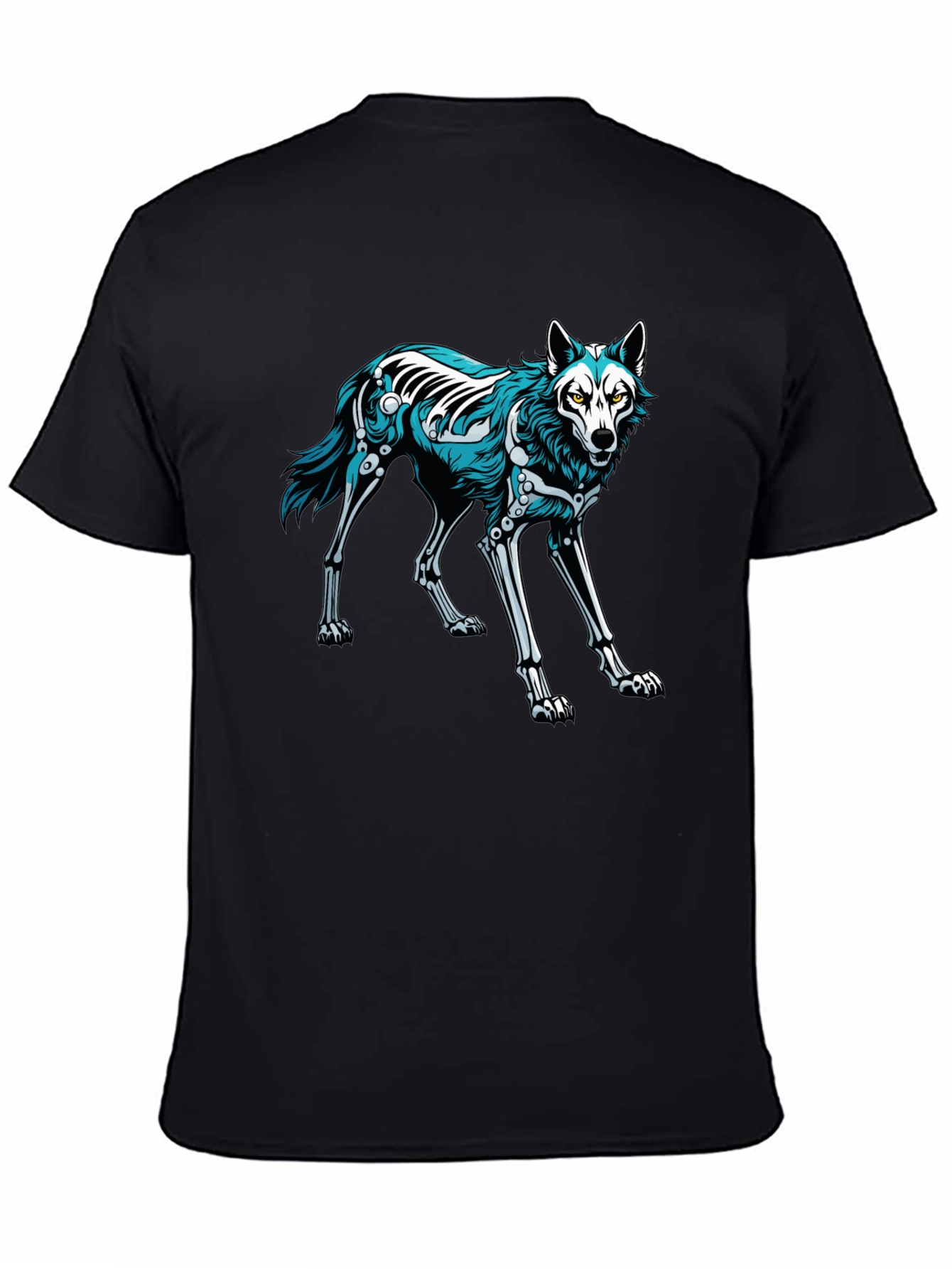Black T-Shirt with Wolf Skeleton Graphic