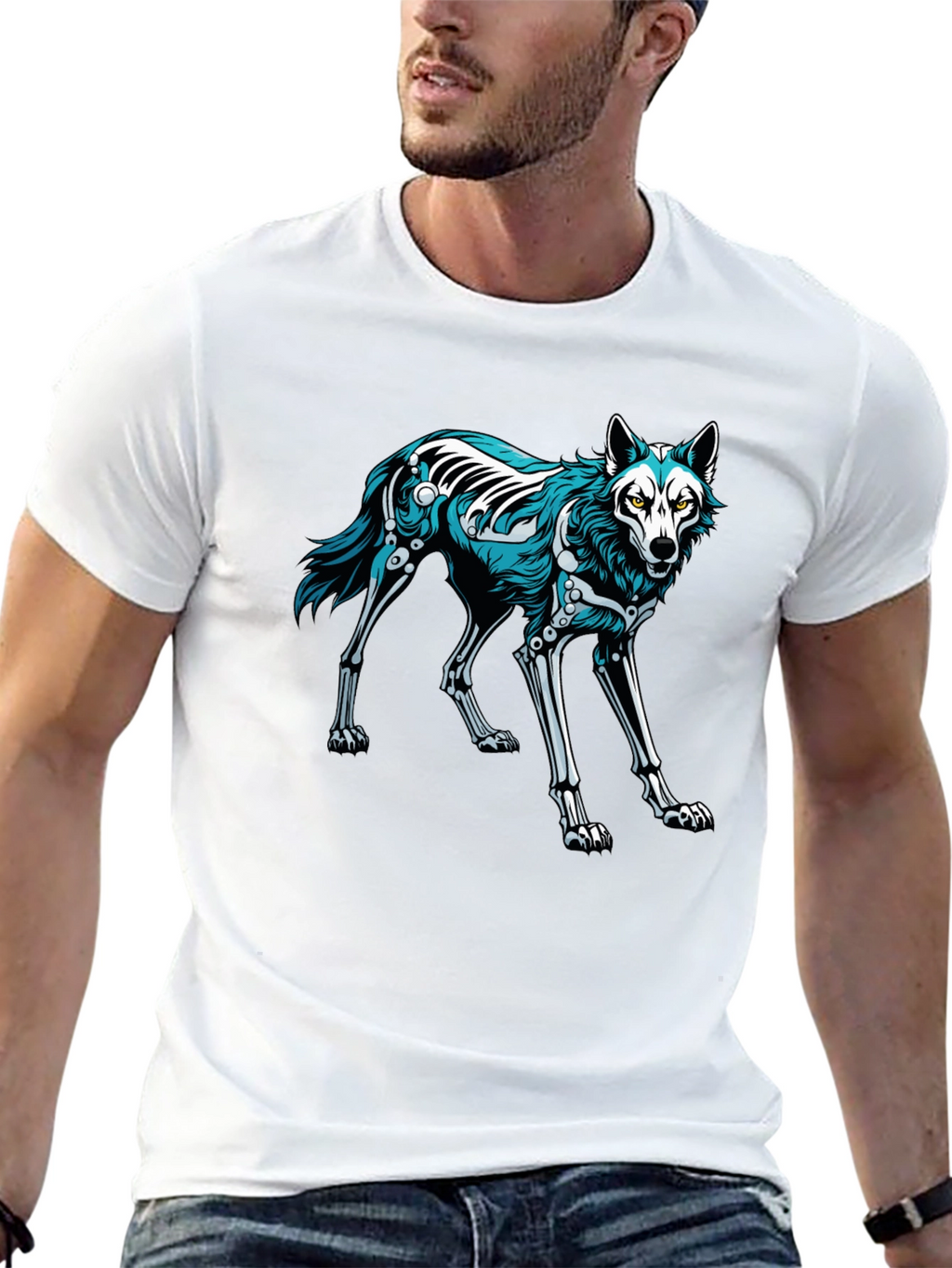 Black T-Shirt with Wolf Skeleton Graphic