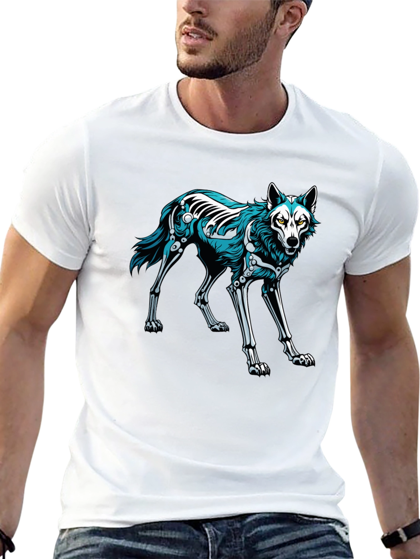 Black T-Shirt with Wolf Skeleton Graphic