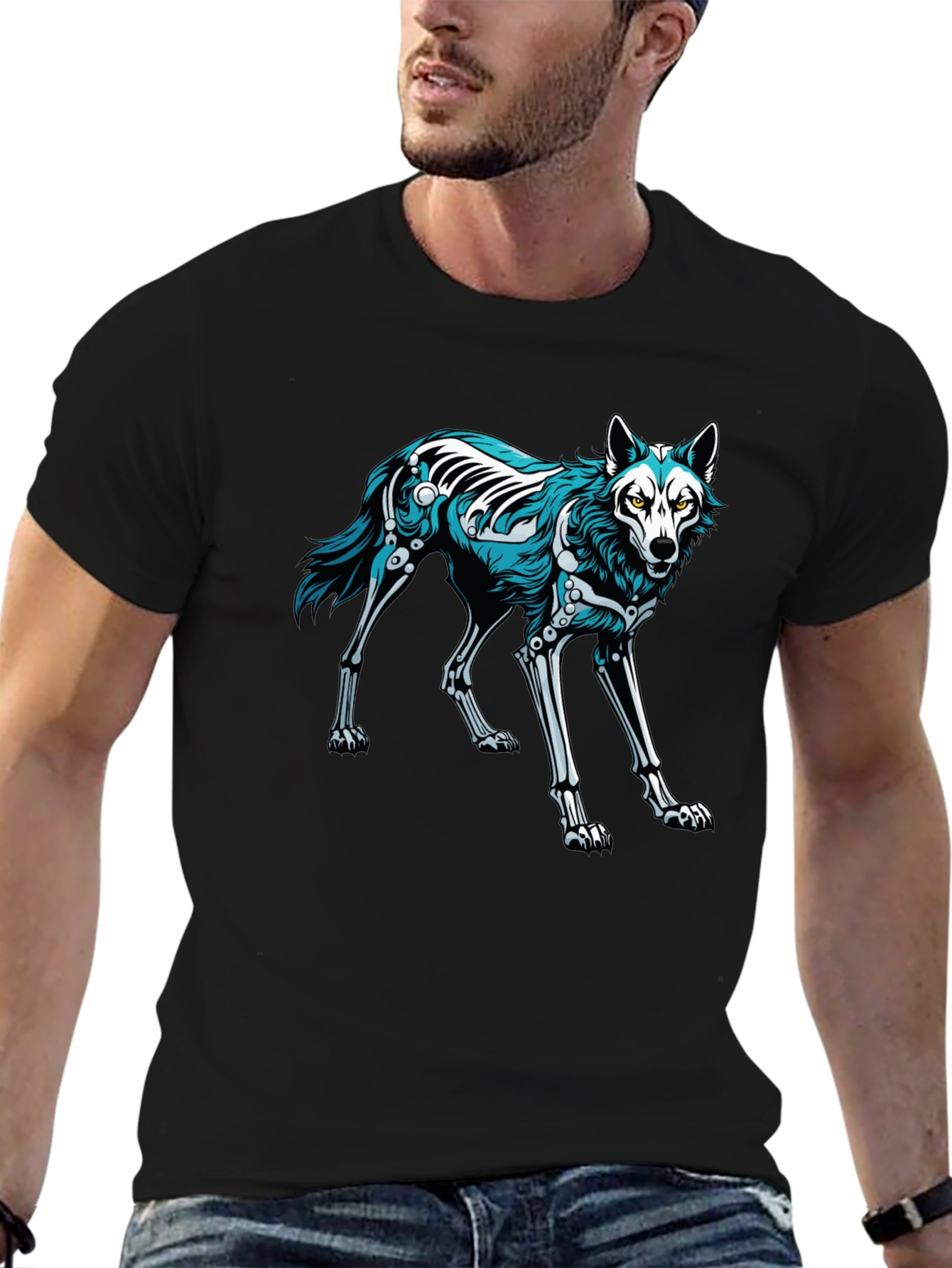 Black T-Shirt with Wolf Skeleton Graphic